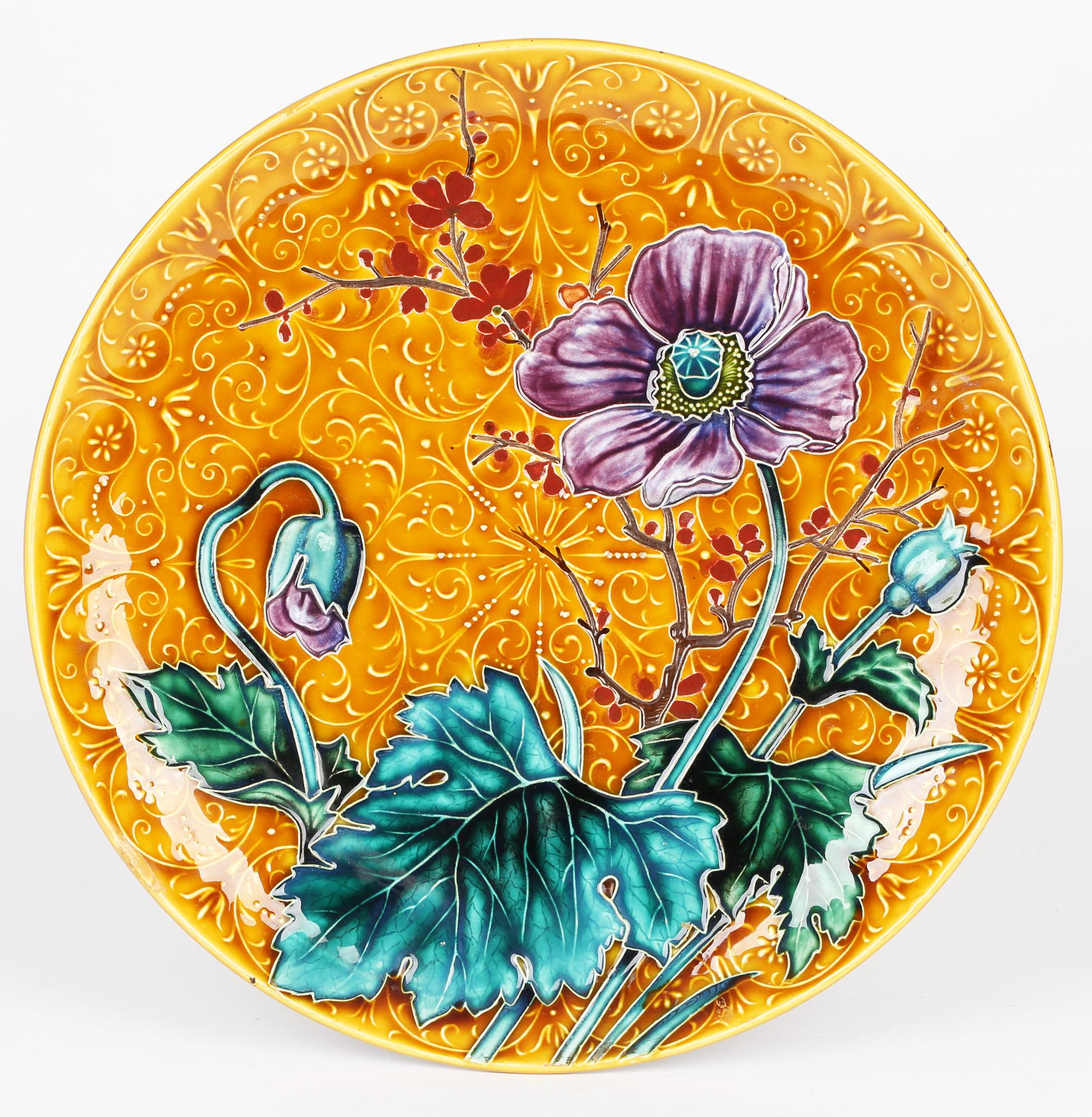 Hand-Painted Austrian Art Nouveau Pottery Wall Plaque with Tubelined Floral Designs For Sale