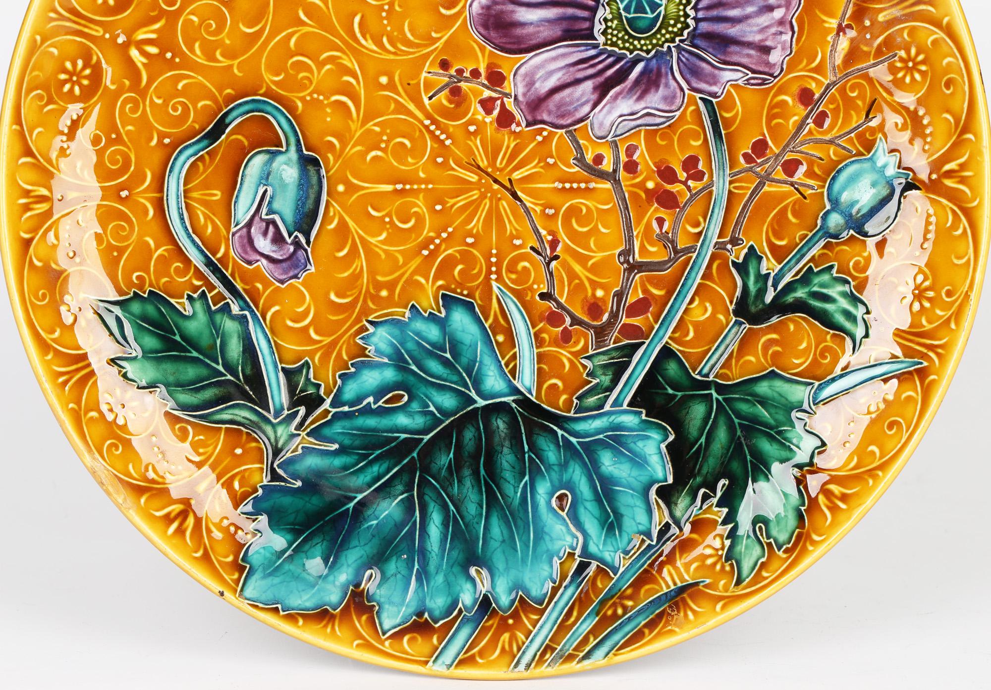 Austrian Art Nouveau Pottery Wall Plaque with Tubelined Floral Designs For Sale 3