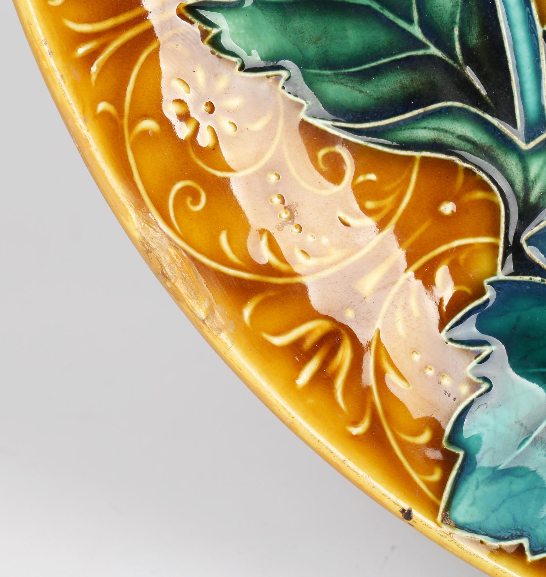 Austrian Art Nouveau Pottery Wall Plaque with Tubelined Floral Designs For Sale 4
