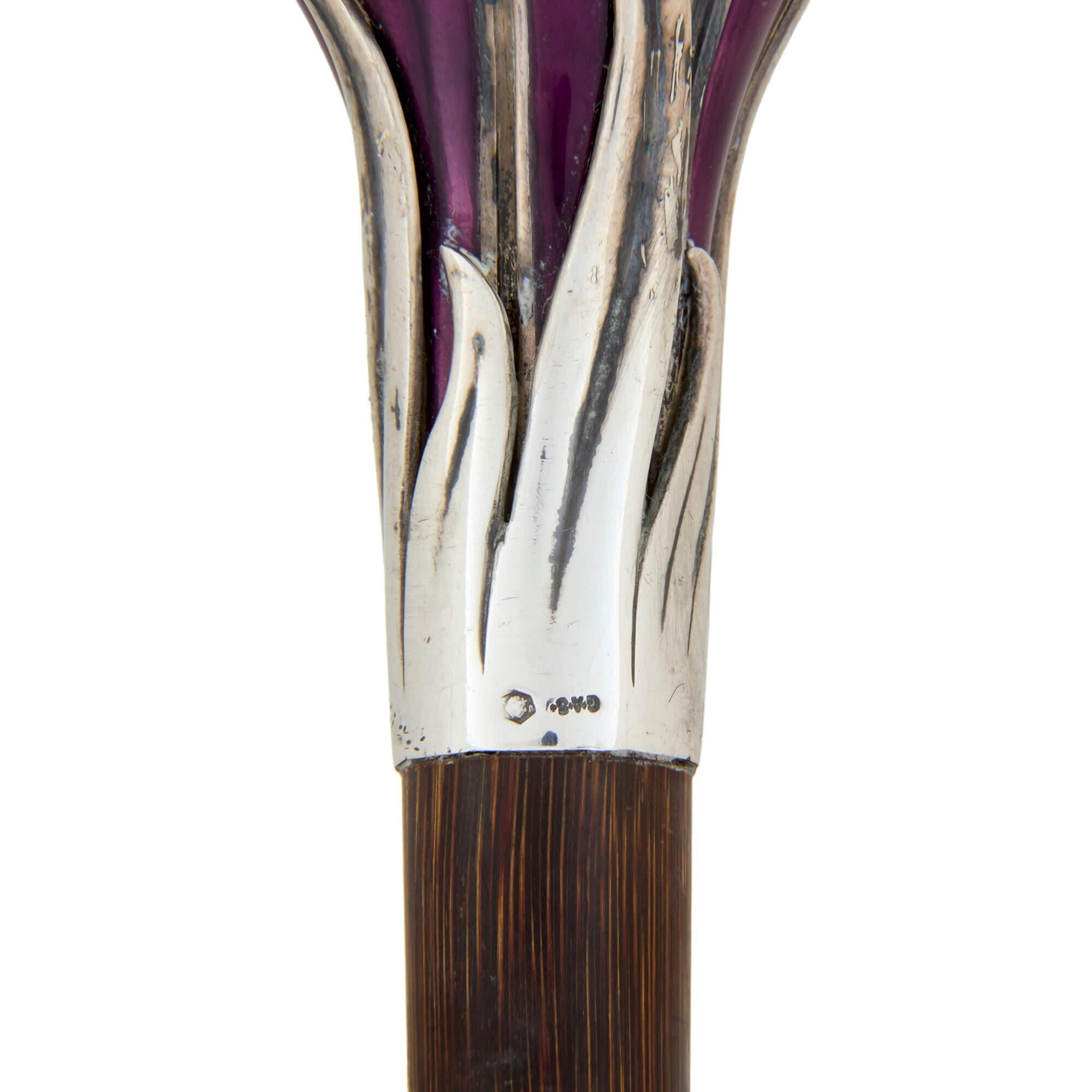Sculpté Canne Art nouveau autrichienne en argent et émail de Georg Adam Scheid en vente