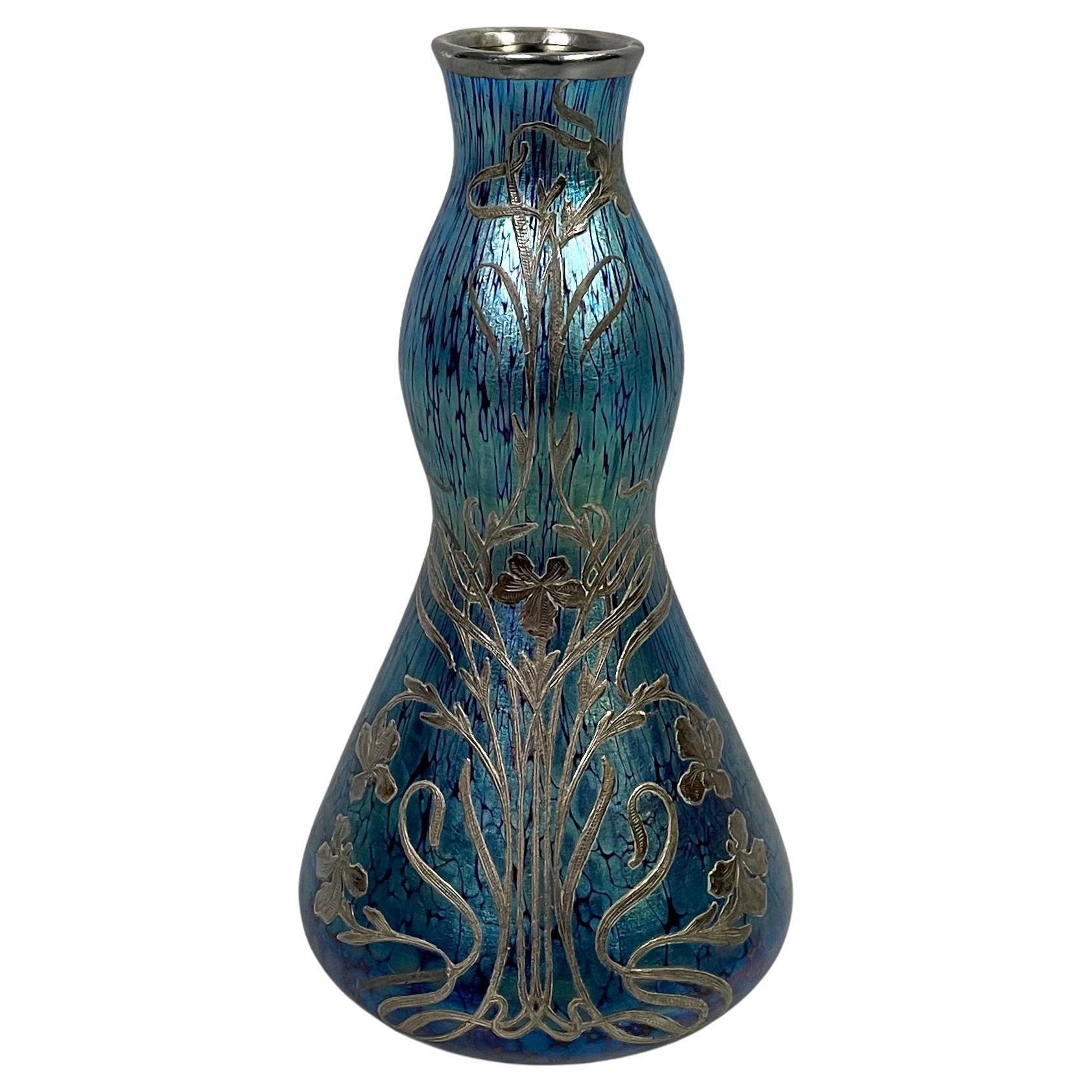 Austrian Art Nouveau style vase in blue glass and silver-plate, 1930s