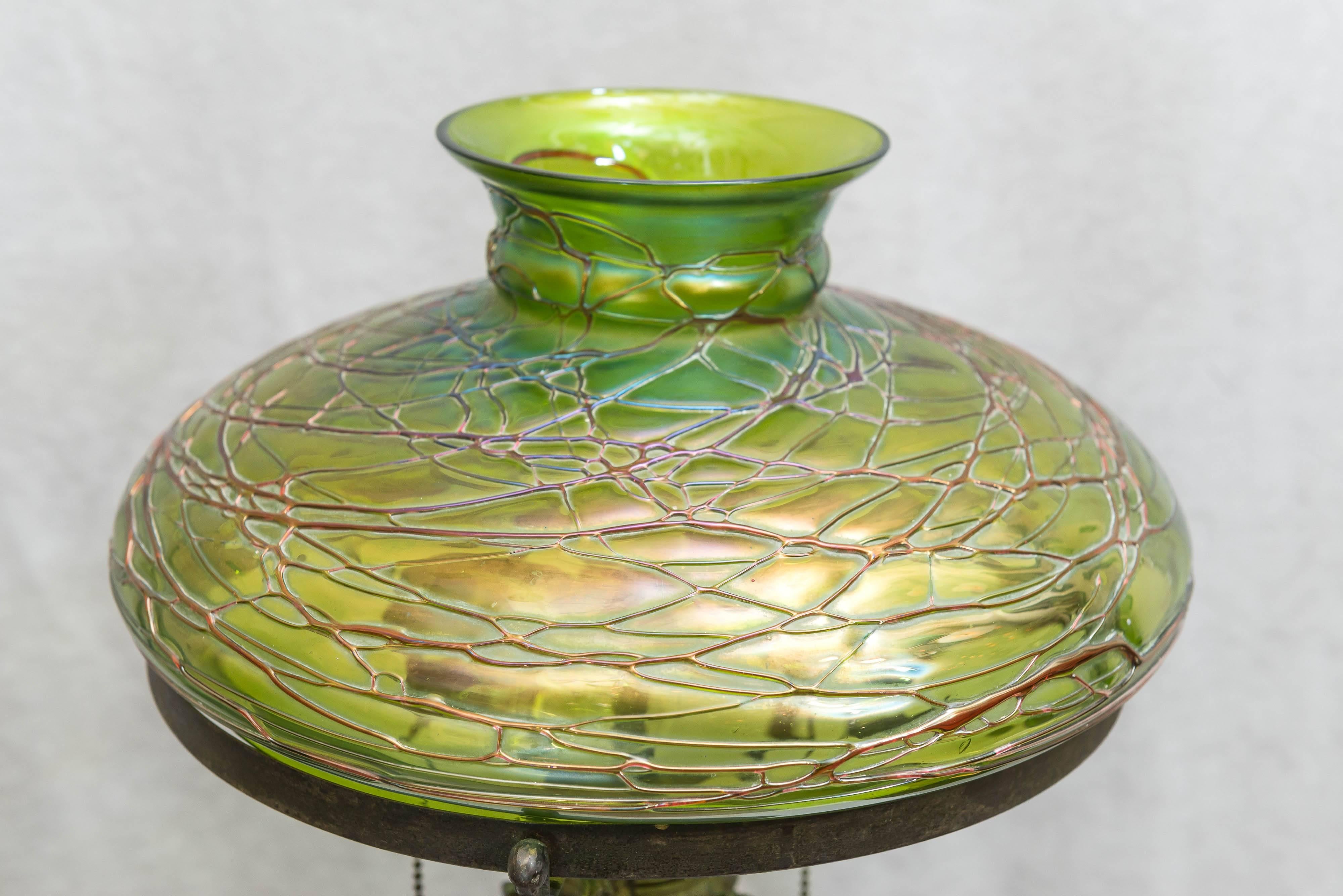 Bronze Austrian Art Nouveau Table Lamp with Handblown Shade
