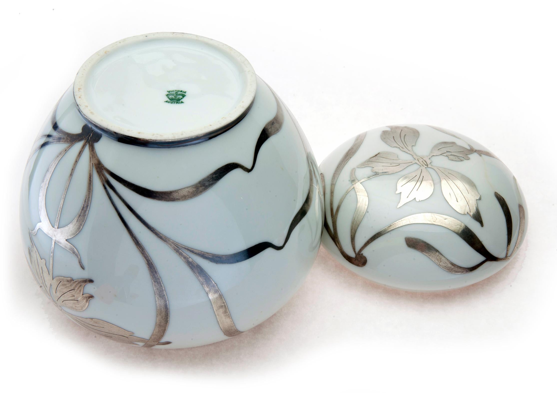 Austrian Art Noveau Porcelain Ginger Jar/Sterling Overlay In Good Condition In Malibu, CA
