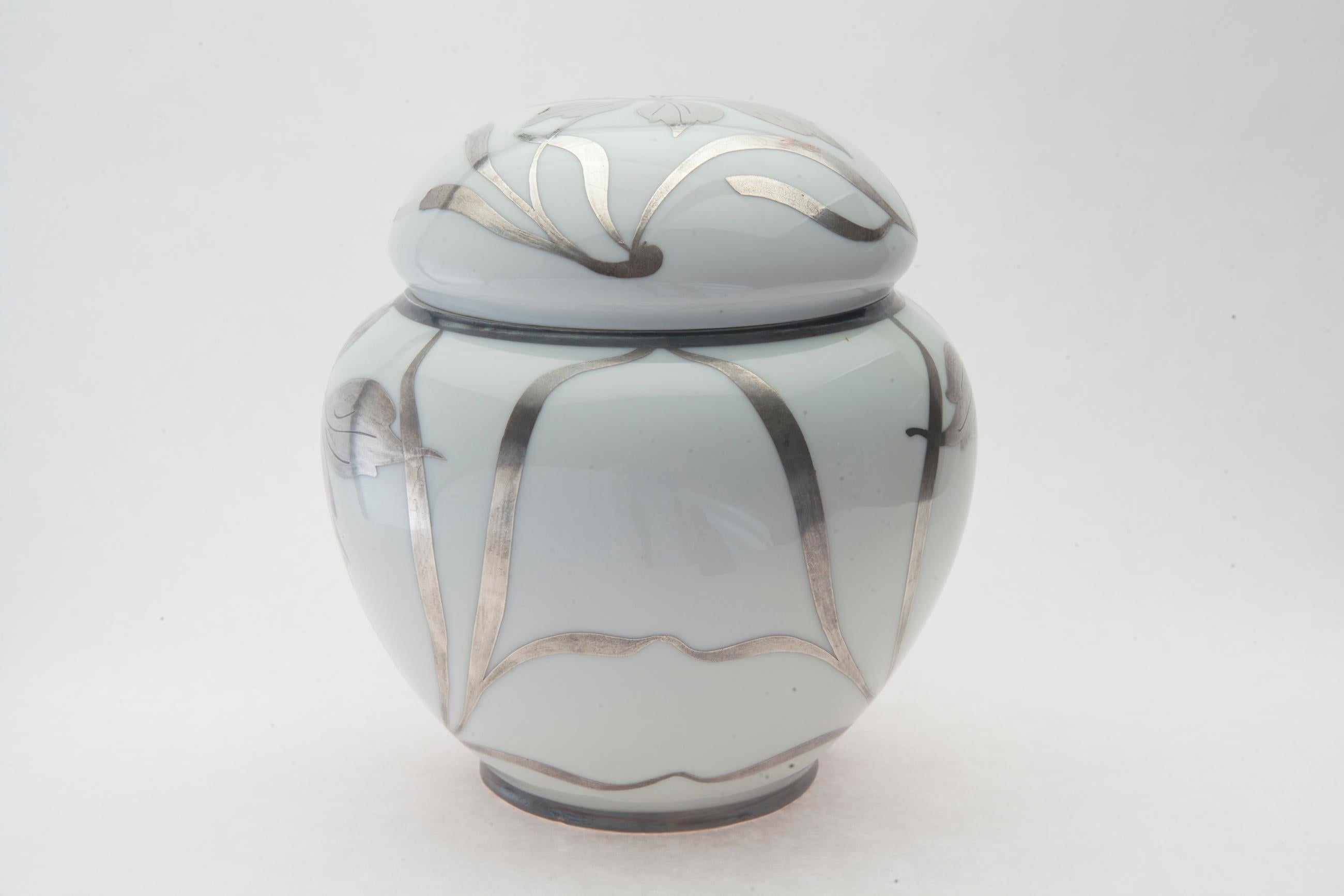 20th Century Austrian Art Noveau Porcelain Ginger Jar/Sterling Overlay