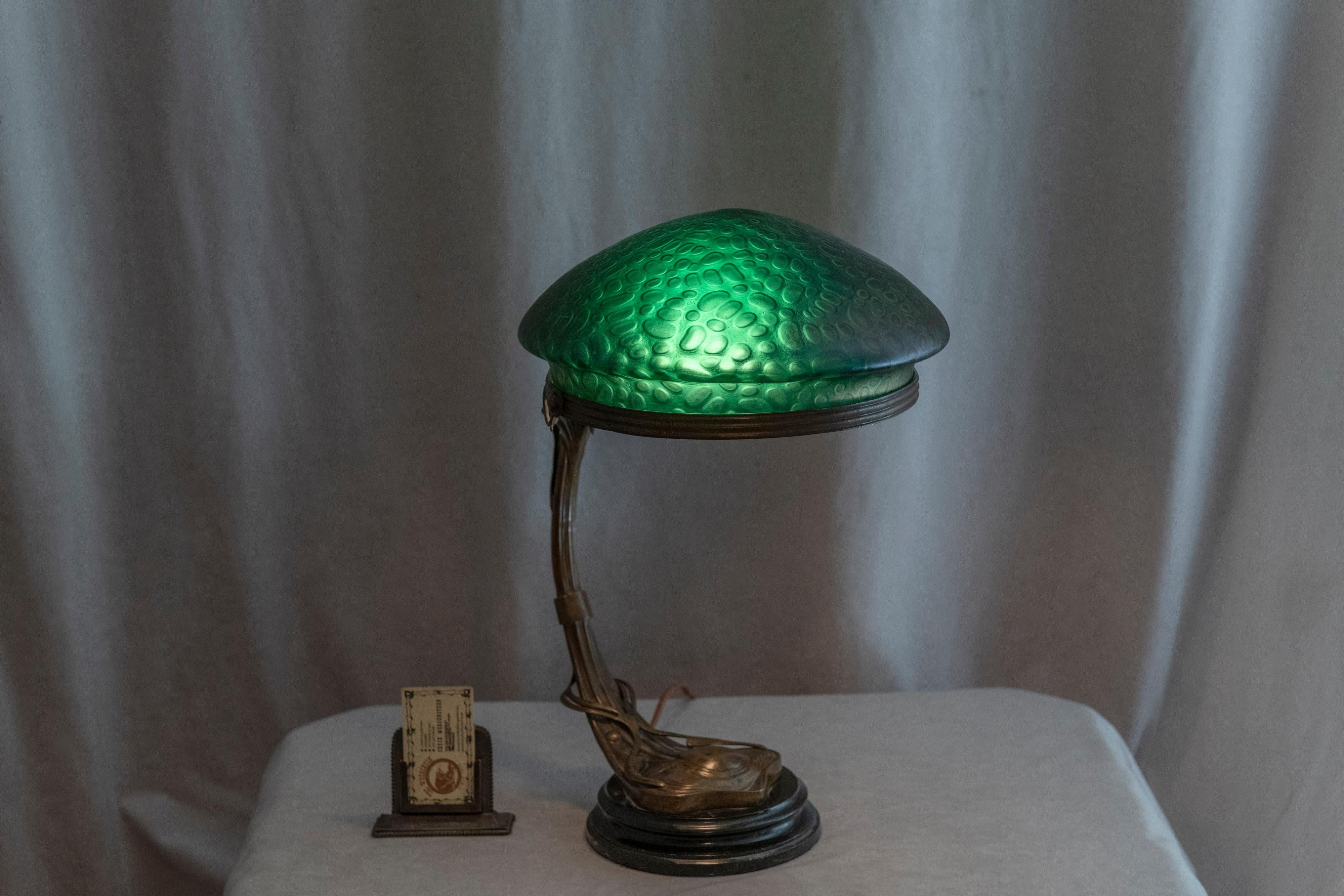 Austrian Art Noveau Table Lamp w/ Original Hand Blown Iridescent Glass Shade In Excellent Condition For Sale In Petaluma, CA