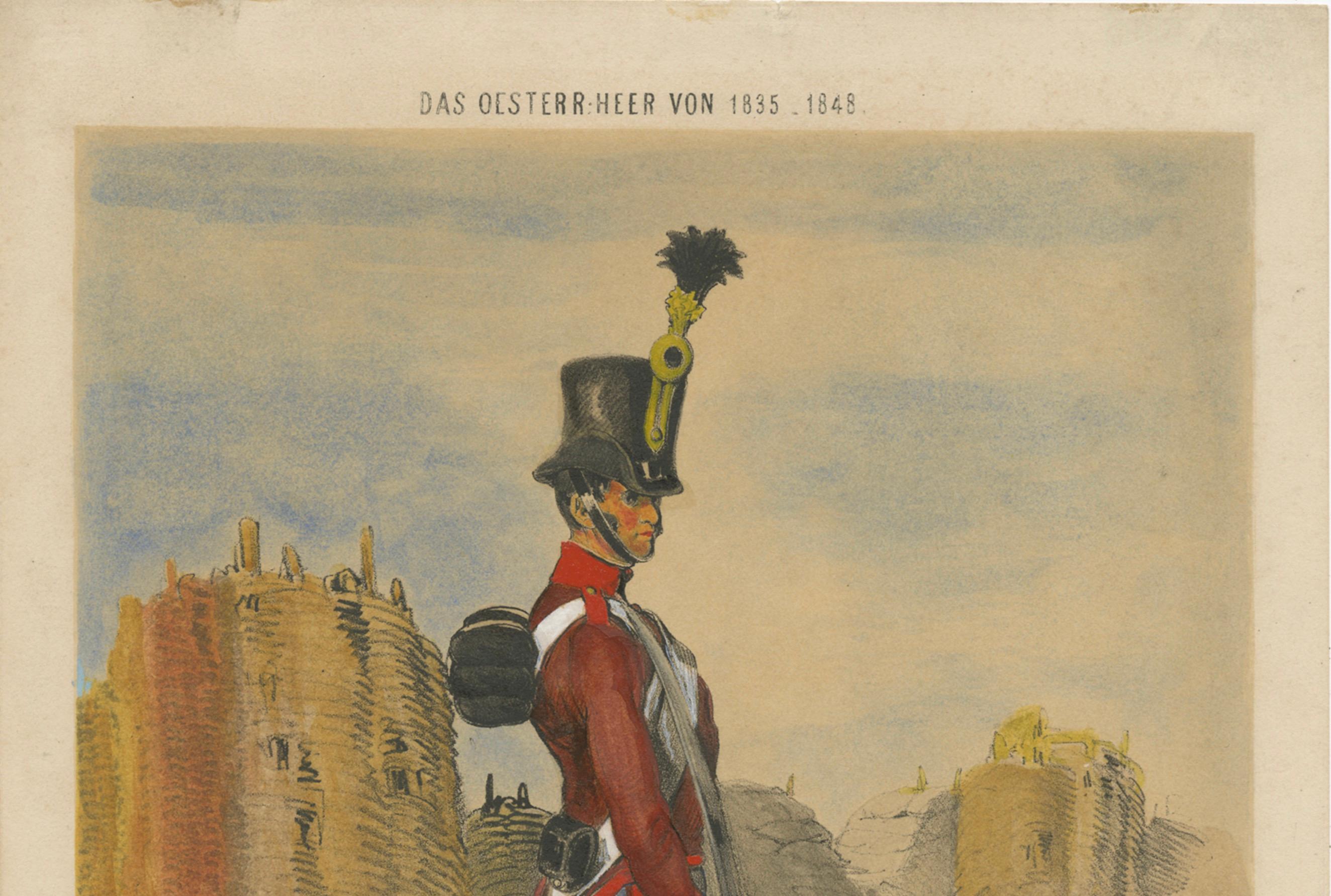 Österreichischer Artilleriesoldat, 1835-1848 - Handkolorierte Lithographie

Diese auffällige handkolorierte Lithographie, gezeichnet von Franz Gerasch und veröffentlicht in Wien von L.T. Neumann, stellt einen österreichischen Artilleristen aus der