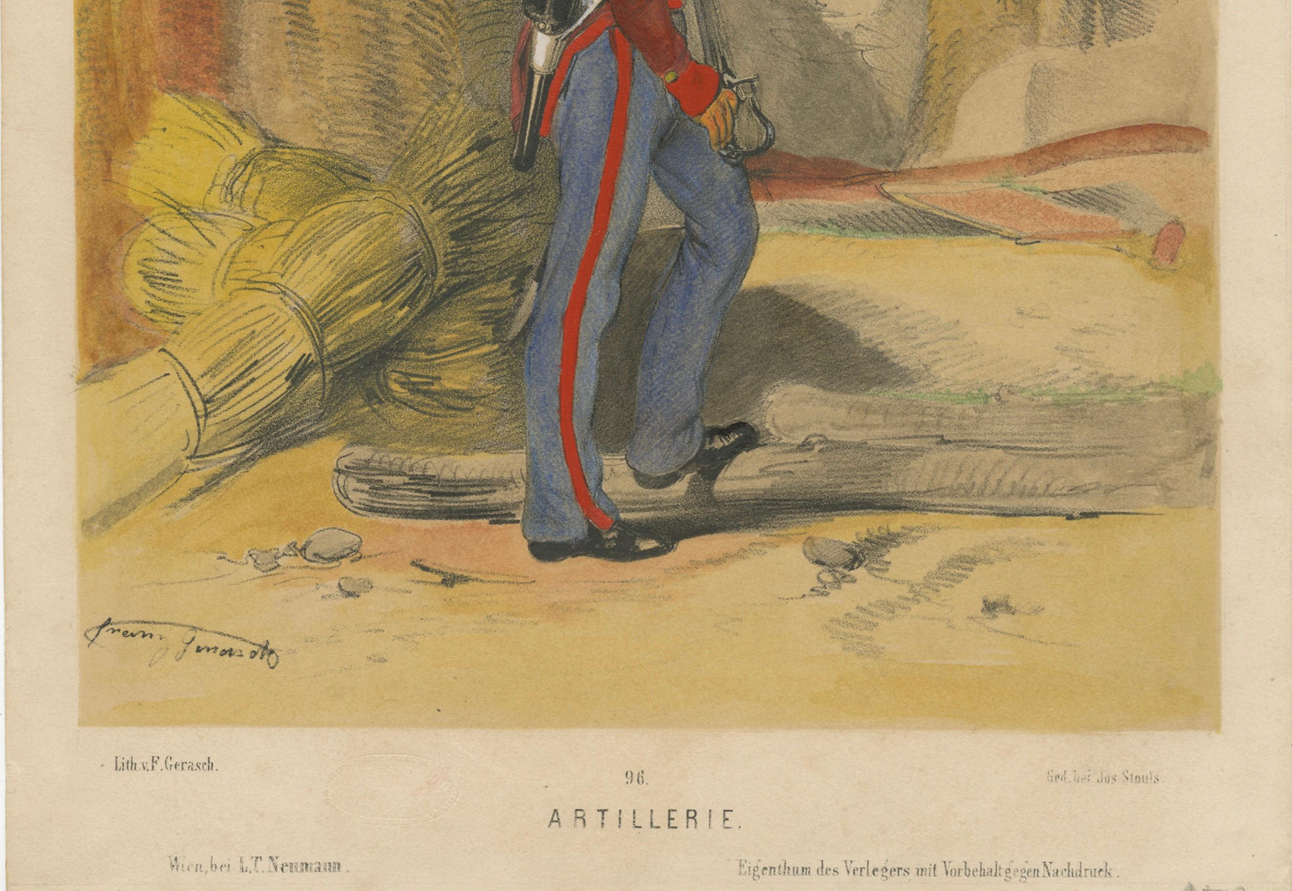 Österreichischer Artilleriesoldat, 1835-1848 - Handkolorierte Lithographie im Zustand „Gut“ im Angebot in Langweer, NL