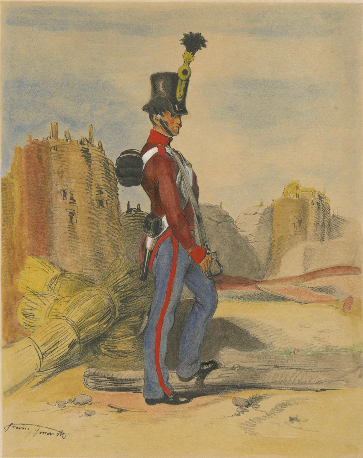 Österreichischer Artilleriesoldat, 1835-1848 - Handkolorierte Lithographie (Papier) im Angebot