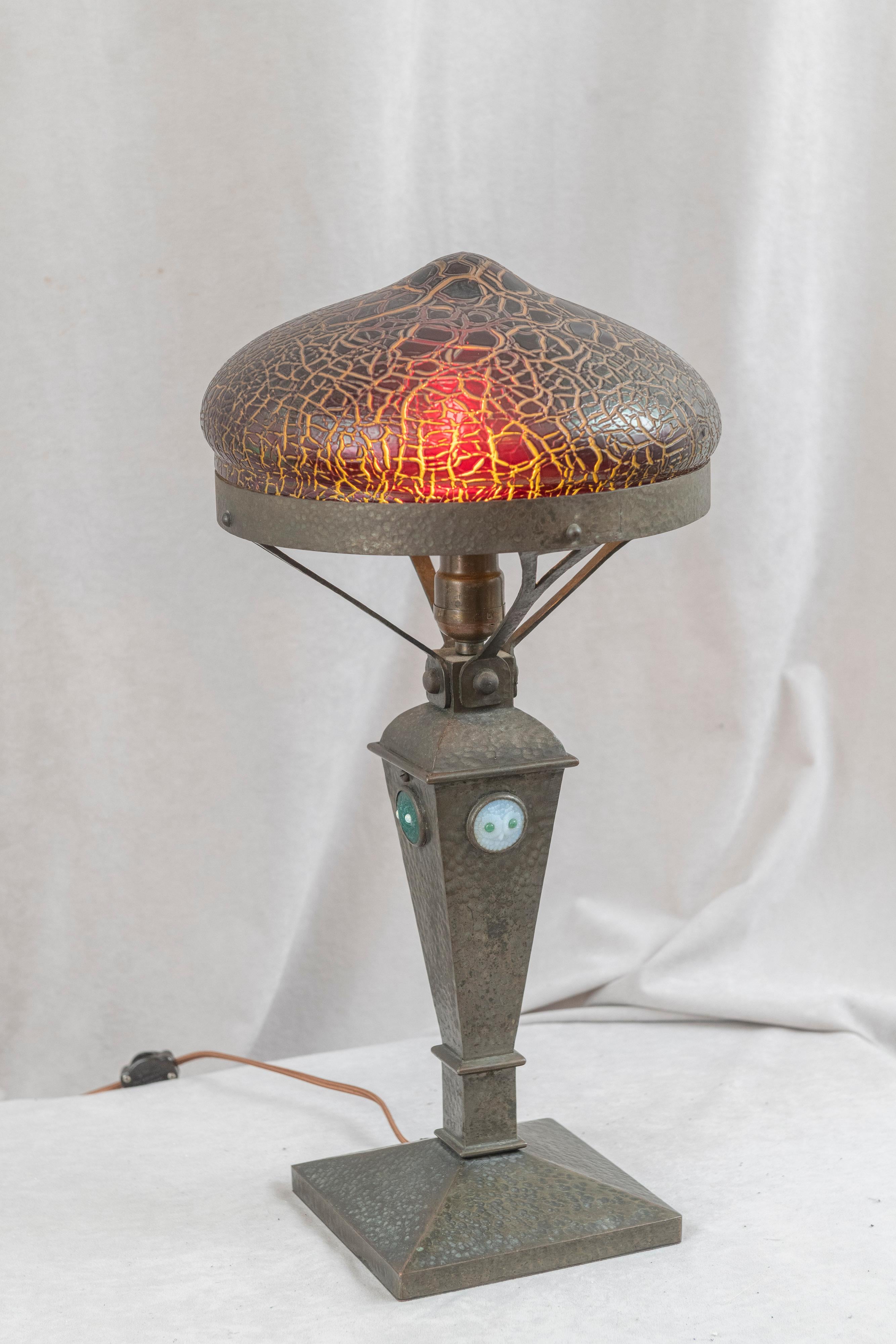 Arts and Crafts Austrian, Arts & Crafts Table Lamp, Red Shade, w/Owl Faces in Jewels ca. 1910 For Sale