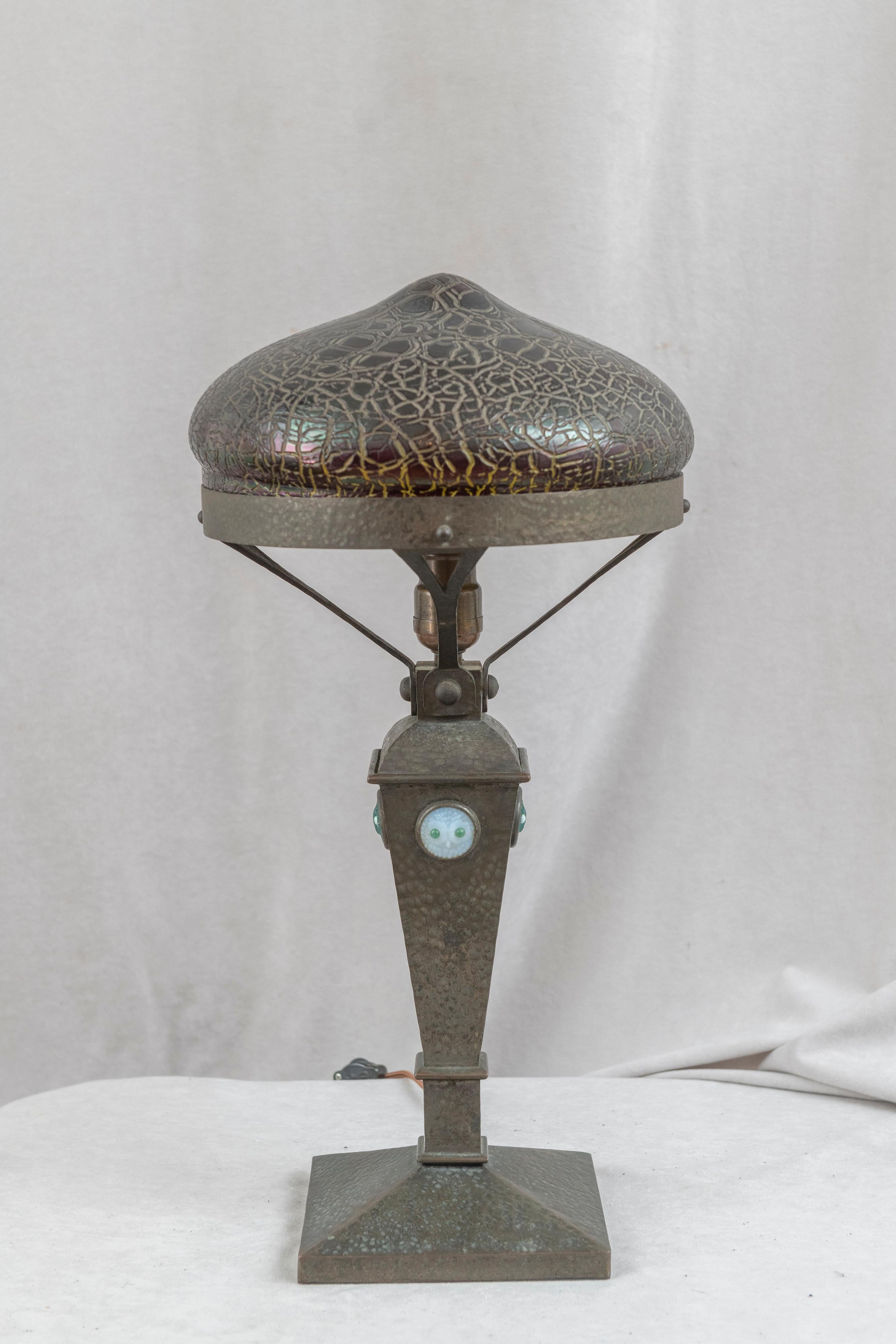 Hammered Austrian, Arts & Crafts Table Lamp, Red Shade, w/Owl Faces in Jewels ca. 1910 For Sale