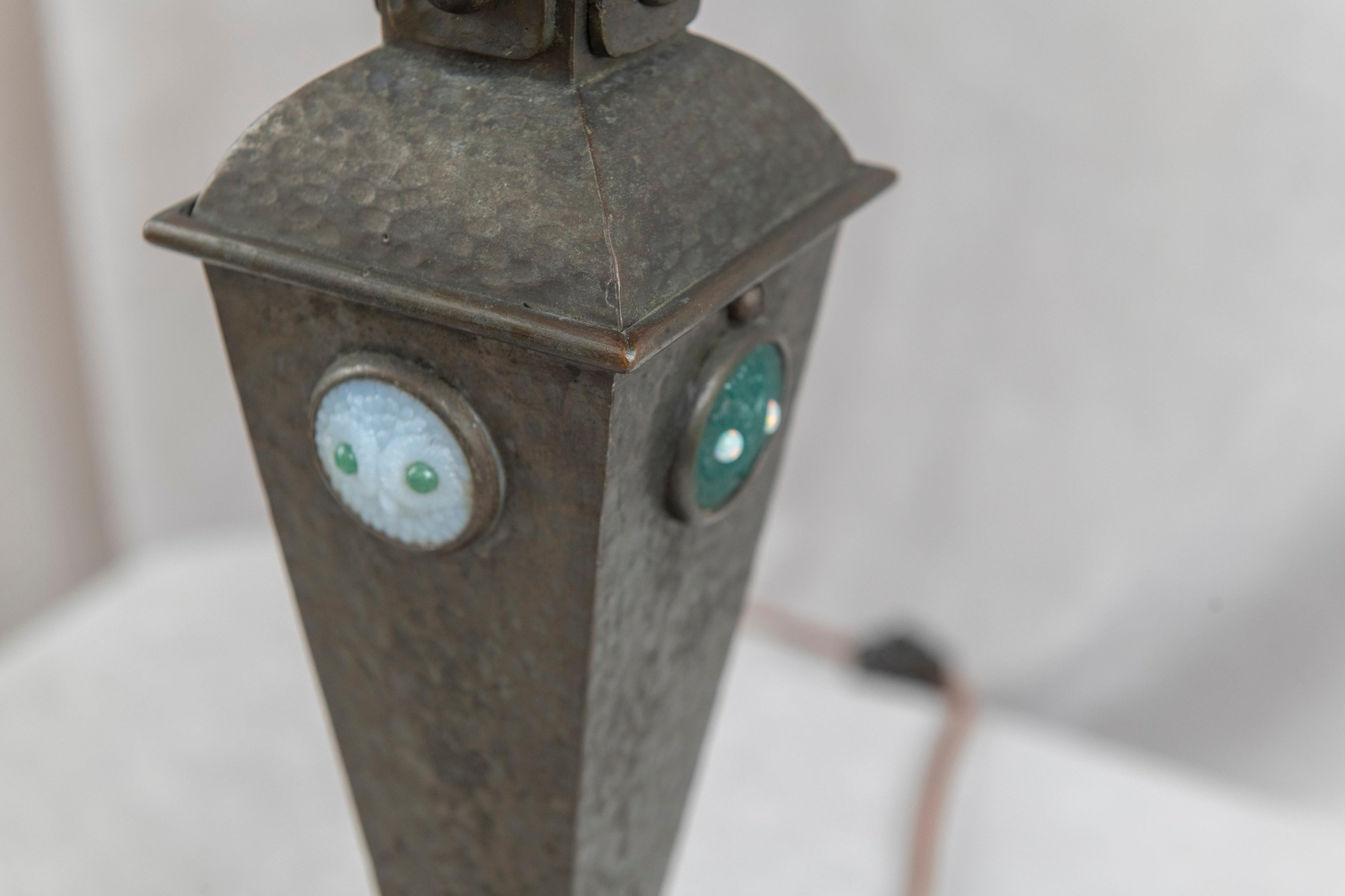 Arts and Crafts Austrian, Arts & Crafts Table Lamp, Red Shade, w/Owl Faces in Jewels ca. 1910 For Sale