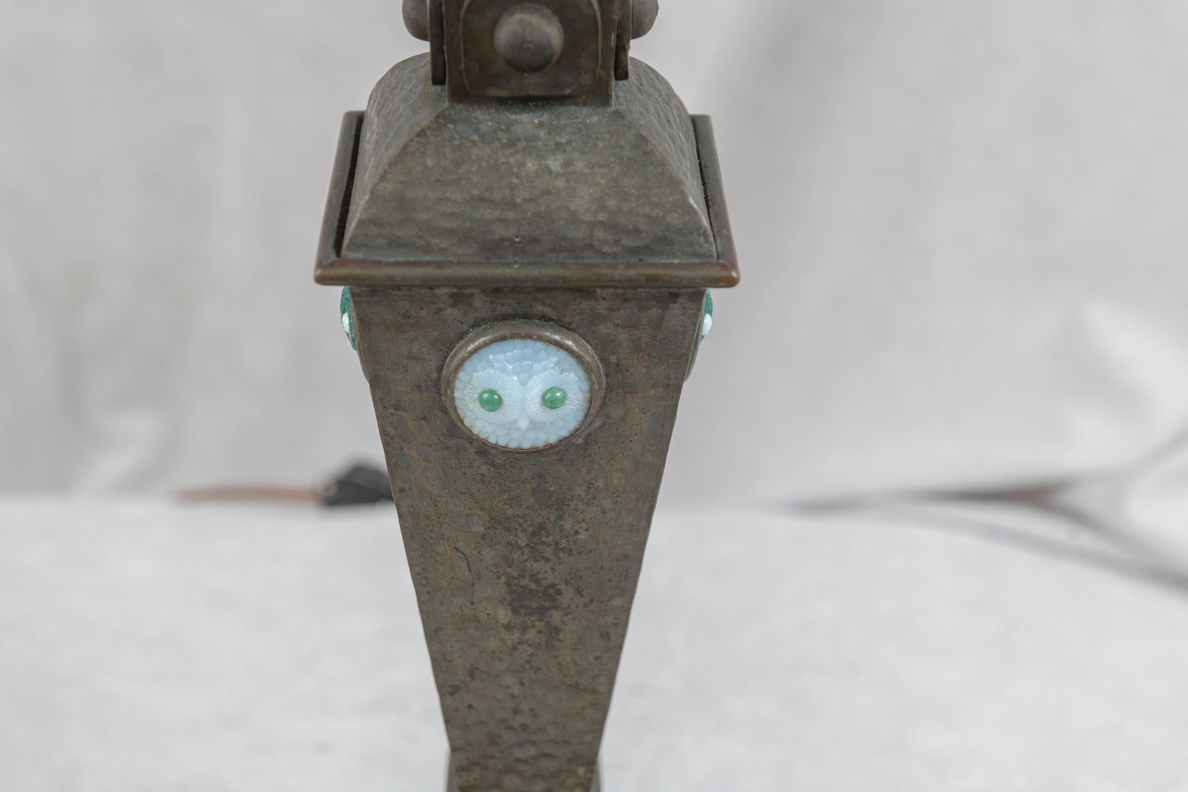 Art Glass Austrian, Arts & Crafts Table Lamp, Red Shade, w/Owl Faces in Jewels ca. 1910 For Sale