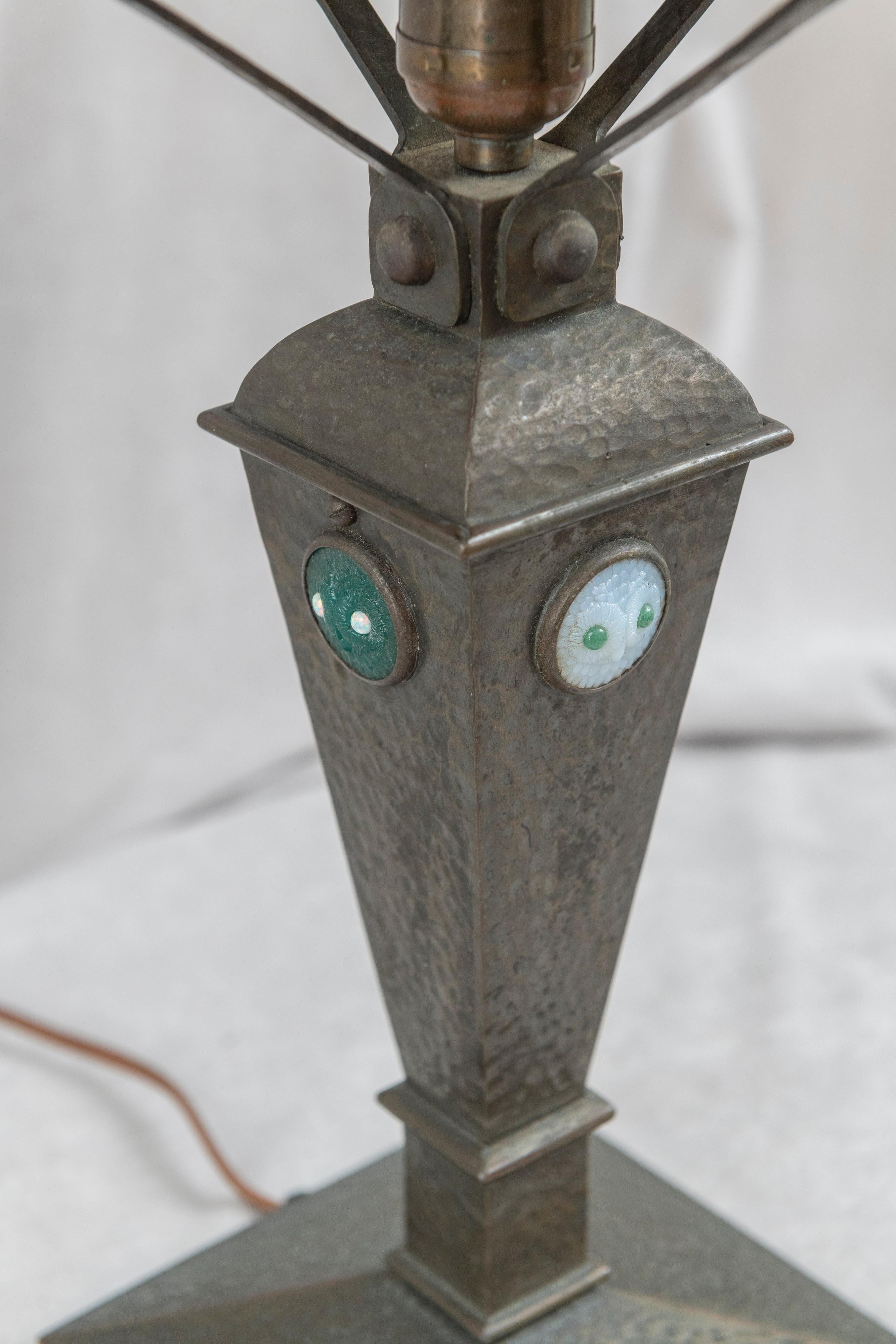 20th Century Austrian, Arts & Crafts Table Lamp, Red Shade, w/Owl Faces in Jewels ca. 1910 For Sale
