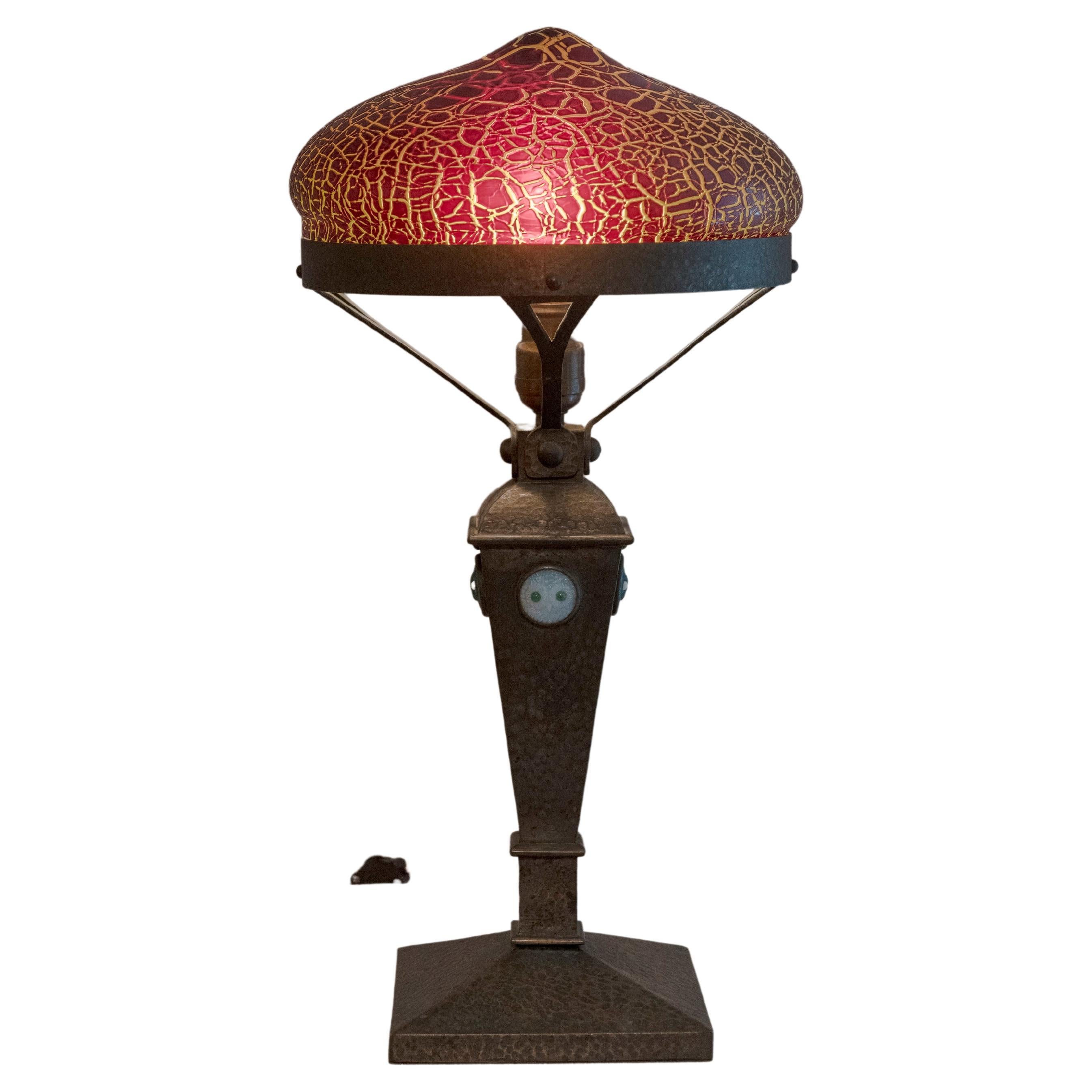 Austrian, Arts & Crafts Table Lamp, Red Shade, w/Owl Faces in Jewels ca. 1910 For Sale