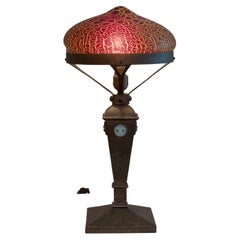 Austrian, Arts & Crafts Table Lamp, Red Shade, w/Owl Faces in Jewels ca. 1910