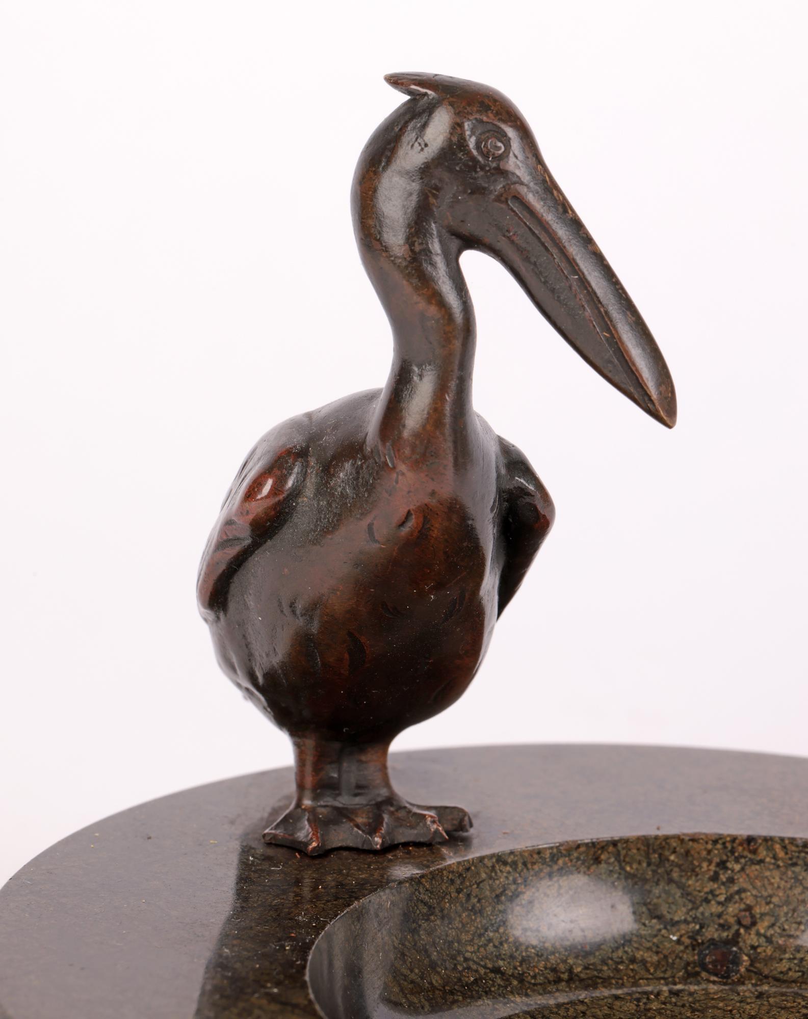 Austrian Attributed Art Deco Bronze Pelican Mounted Stoneware In Good Condition In Bishop's Stortford, Hertfordshire