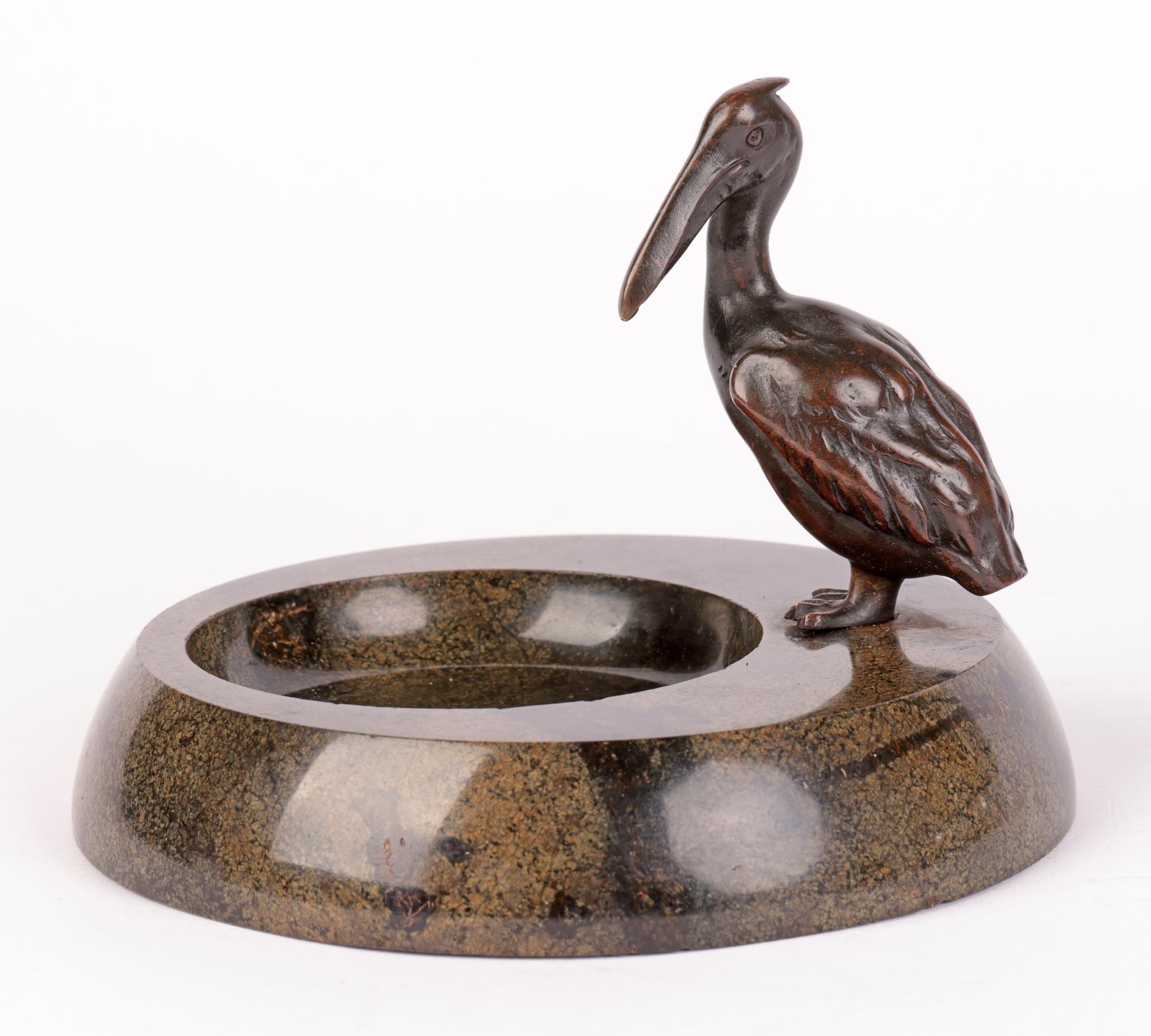 Early 20th Century Austrian Attributed Art Deco Bronze Pelican Mounted Stoneware