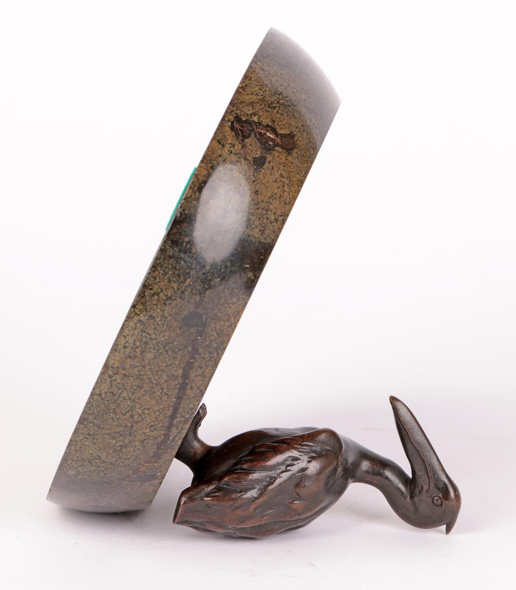 Austrian Attributed Art Deco Bronze Pelican Mounted Stoneware 4