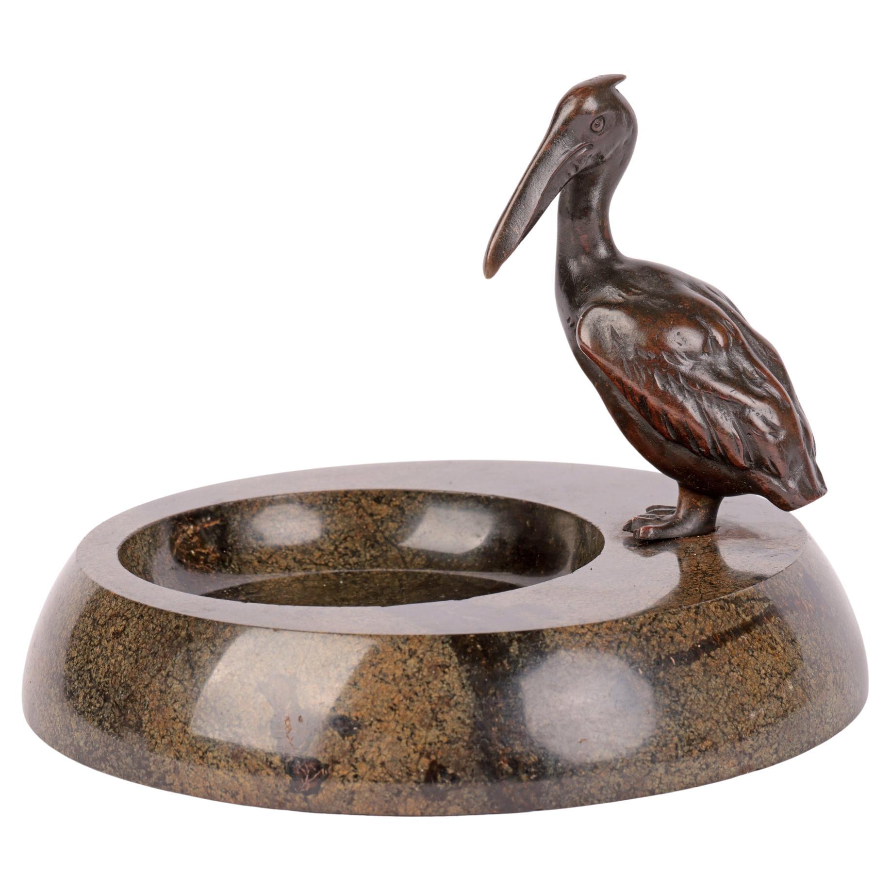 Austrian Attributed Art Deco Bronze Pelican Mounted Stoneware