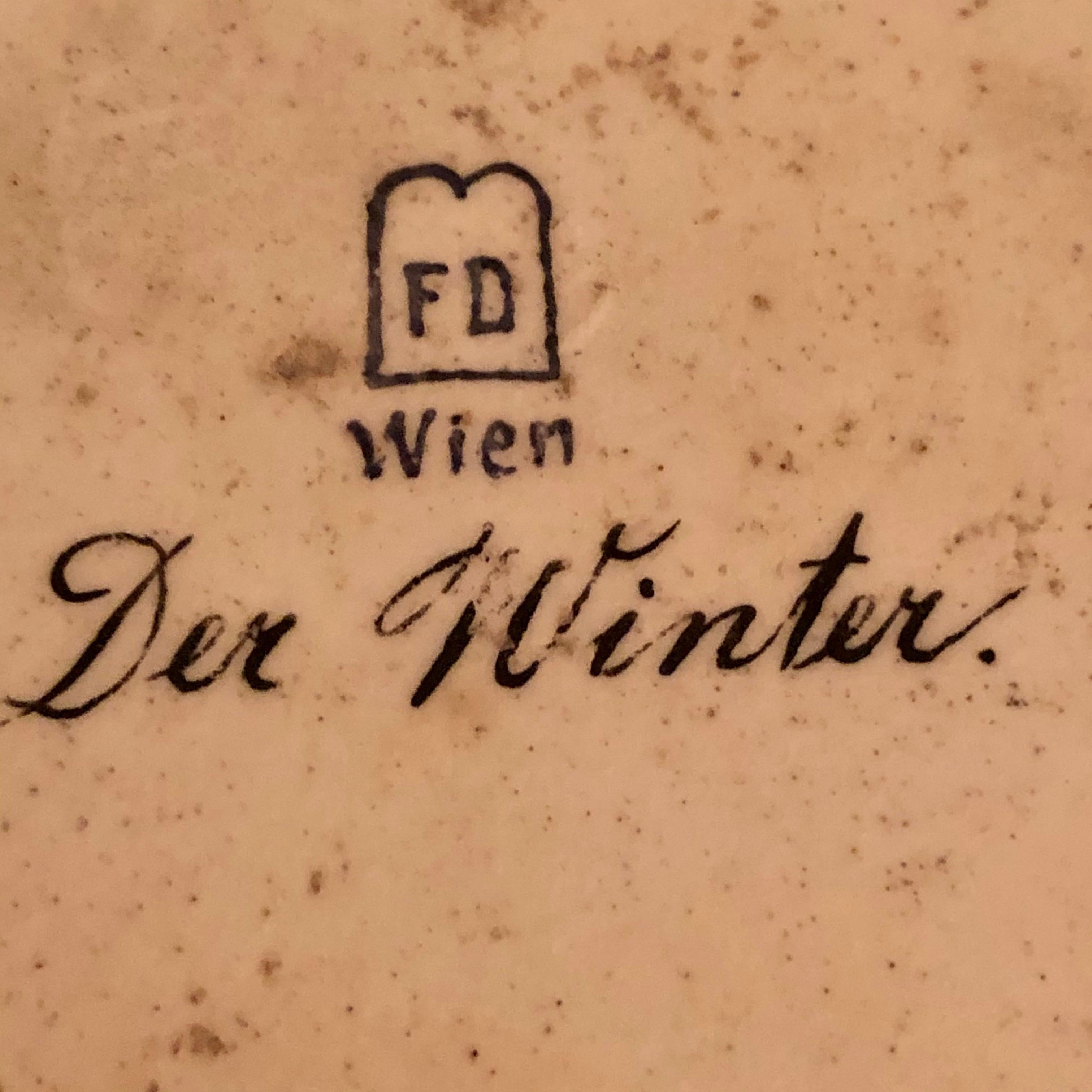 Österreichische Wiener kobaltfarbene handbemalte Plakette mit dem Titel „Der Winter“  im Angebot 12