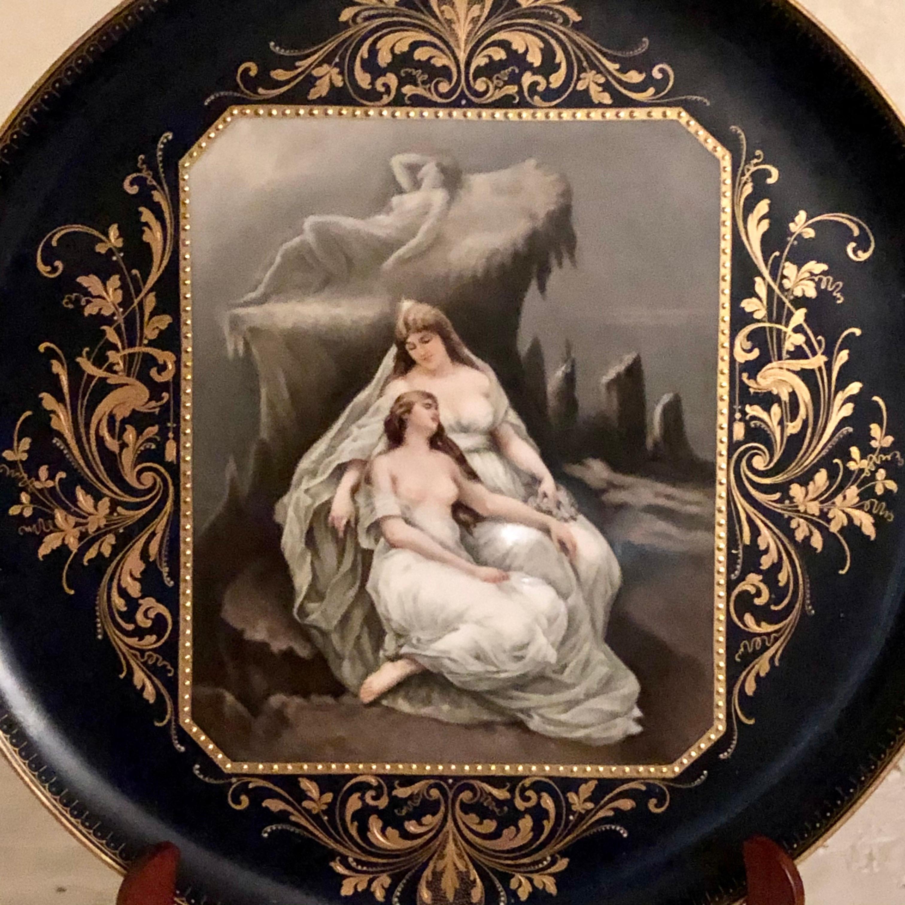 Austrian Wien Cobalt Hand Painted Plaque Entitled The Winter  In Good Condition For Sale In Boston, MA