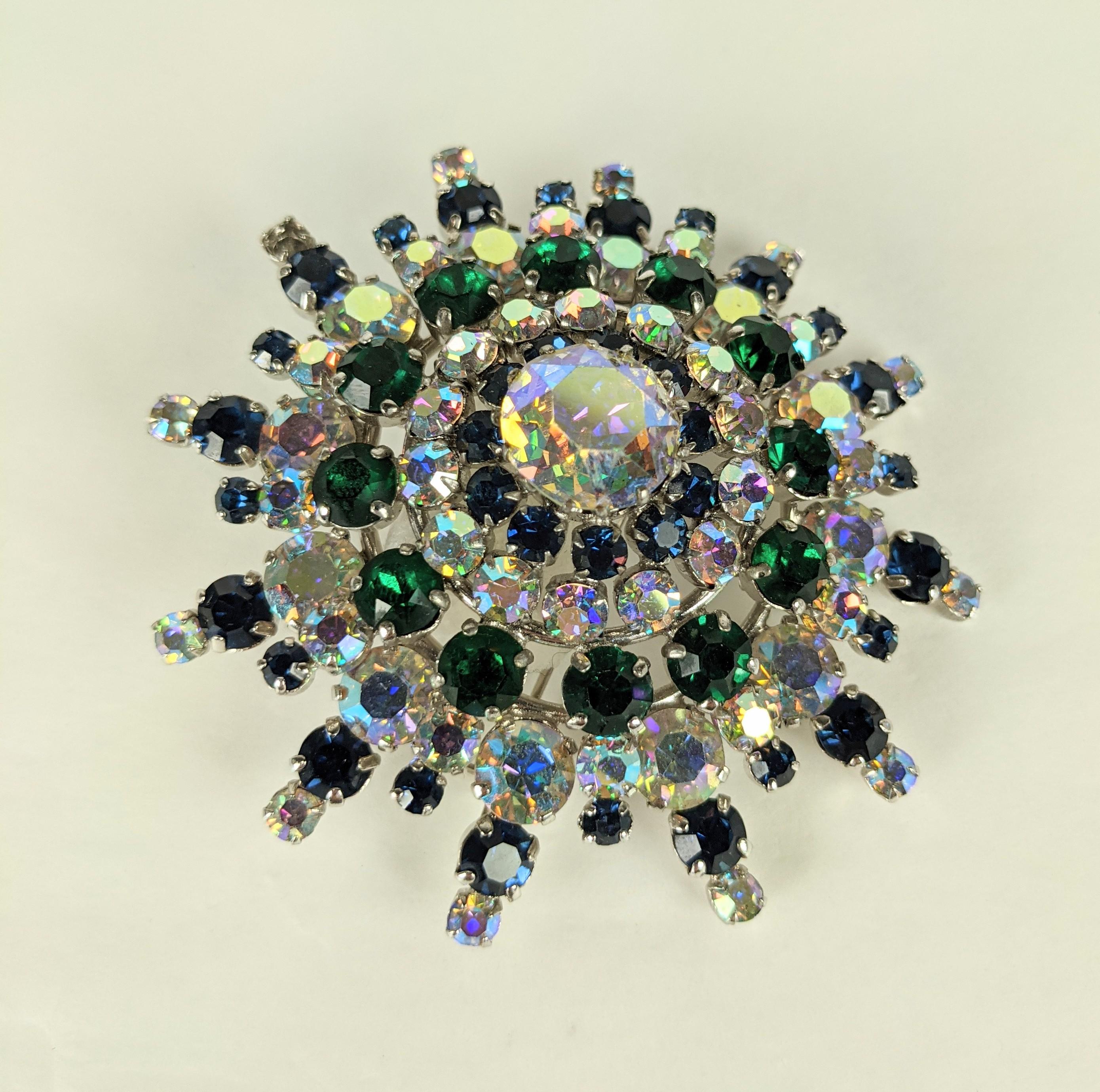 Austrian Aurora and Emerald Crystal Sunburst Set In Excellent Condition For Sale In New York, NY