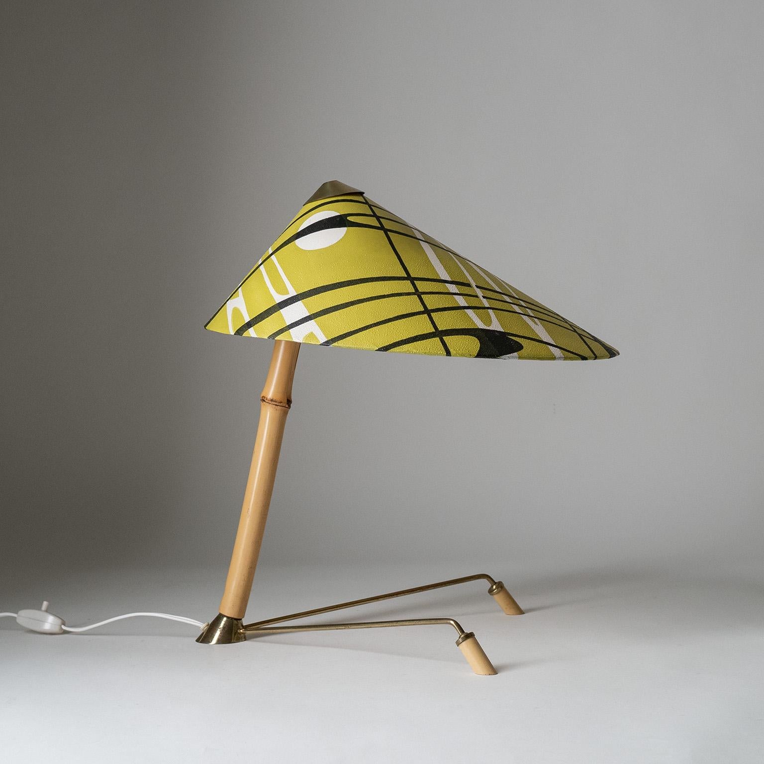 Rare Austrian bamboo table lamp from the 1950s. Original shade in nice condition with some discoloring to the inside. One original brass E27 socket.     