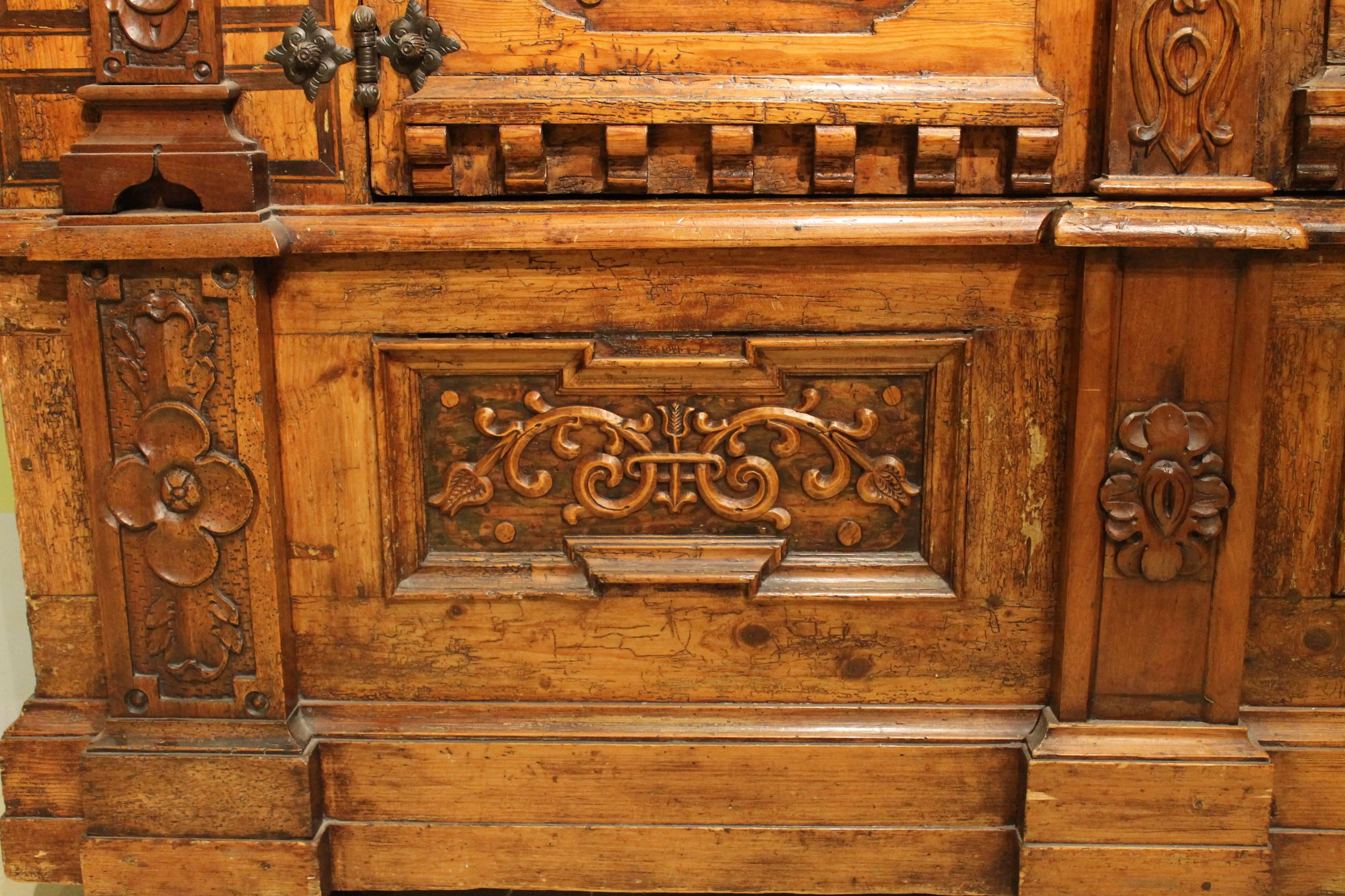 Hand-Crafted Austrian 17th Century Baroque Two Doors Walnut Wood, Birch, Oak Wardrobe Cabinet