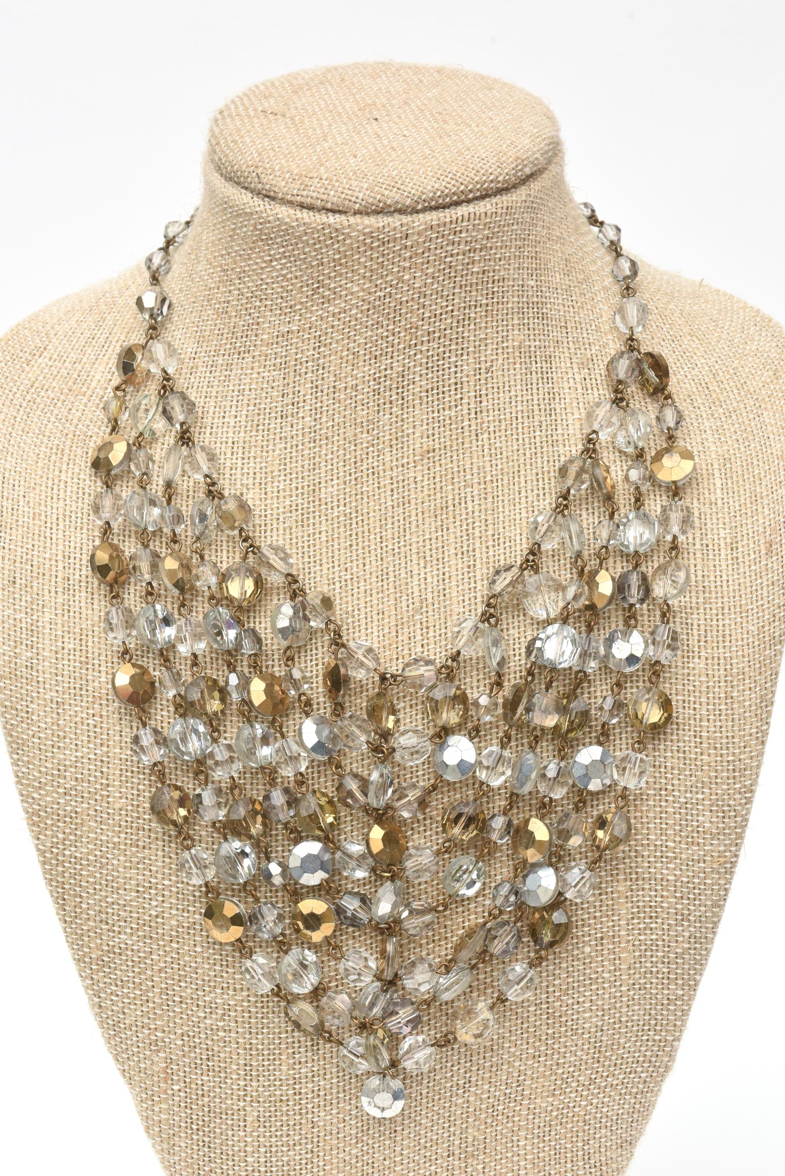 Austrian Beveled Cut Crystals Tiered Bib Necklace Vintage In Good Condition For Sale In North Miami, FL