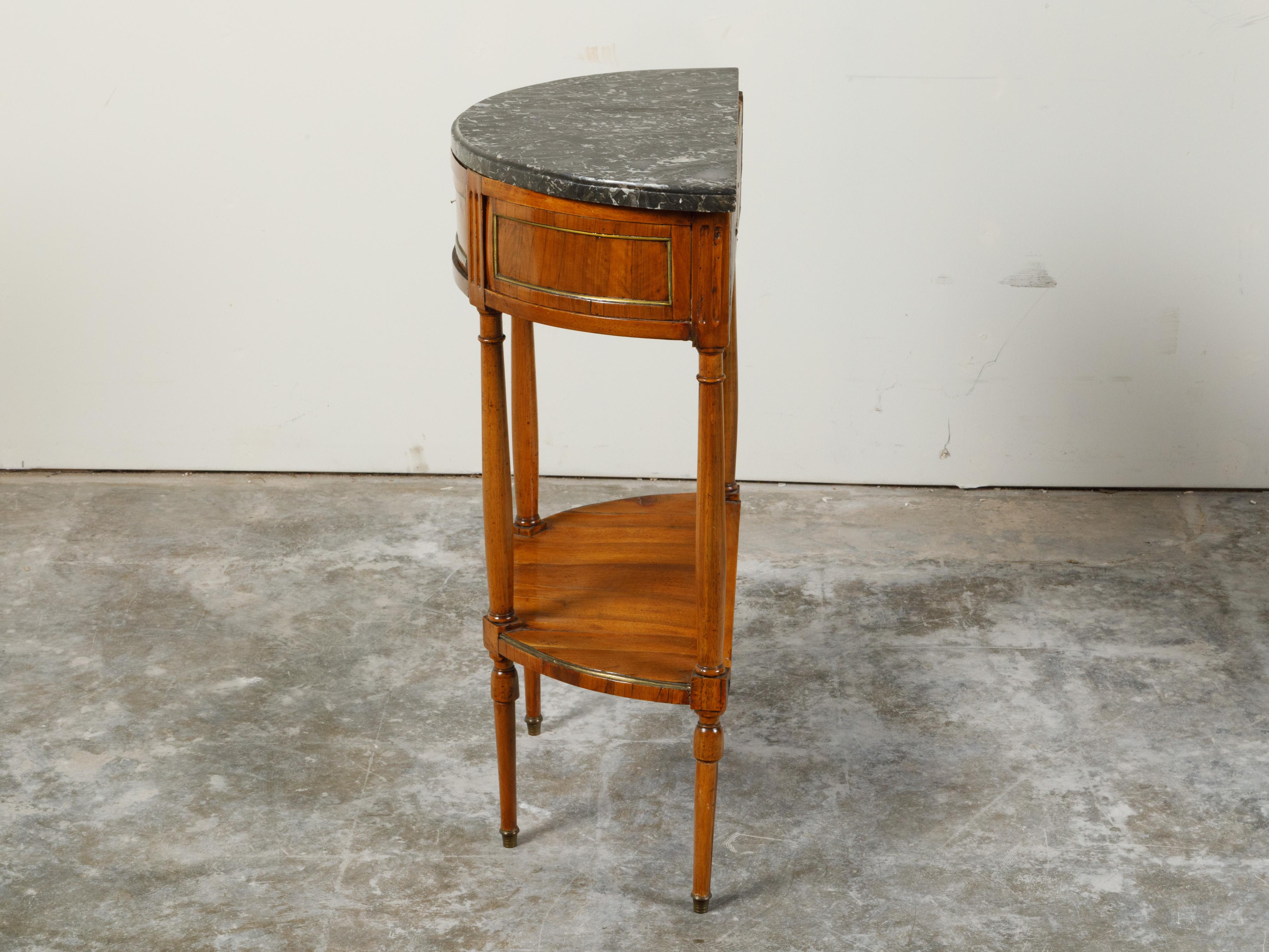 19th Century Austrian Biedermeier 1840s Walnut Demilune Console Table with Grey Marble Top