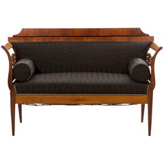 Austrian Biedermeier Carved Fruitwood and Black Upholstered Antique Settee Sofa