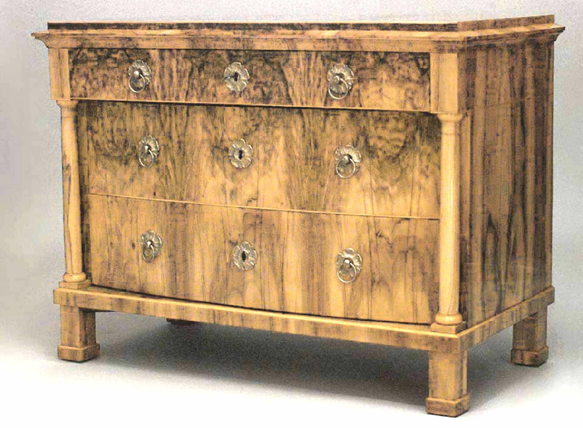 Austrian Biedermeier (Circa 1830) light walnut veneer and maple trimmed 3 drawer chest with demilune shape and column sides with brass handles & hardware.
