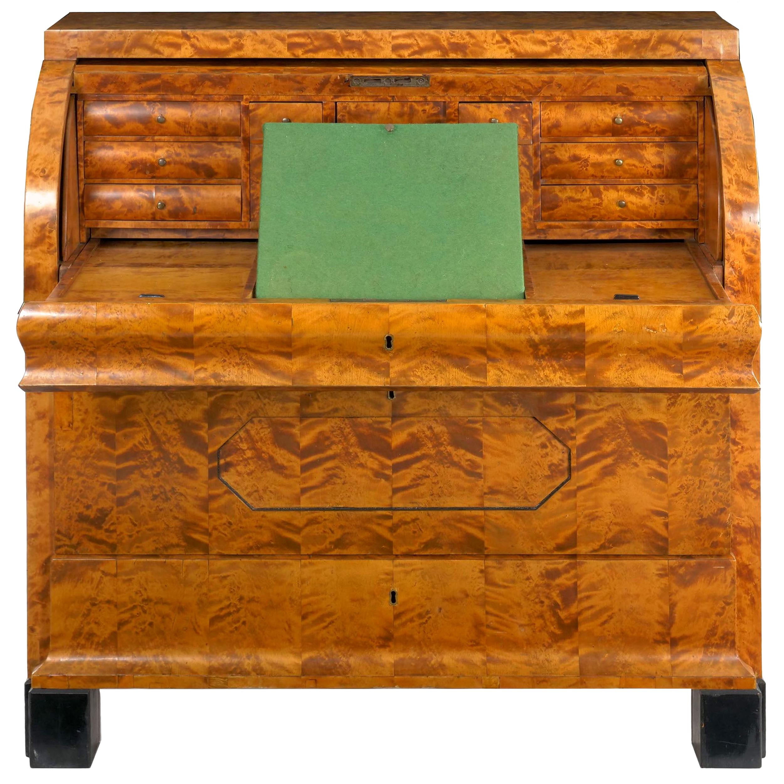 Austrian Biedermeier Figured-Maple Roll-Top Antique Writing Desk circa 1830-1850