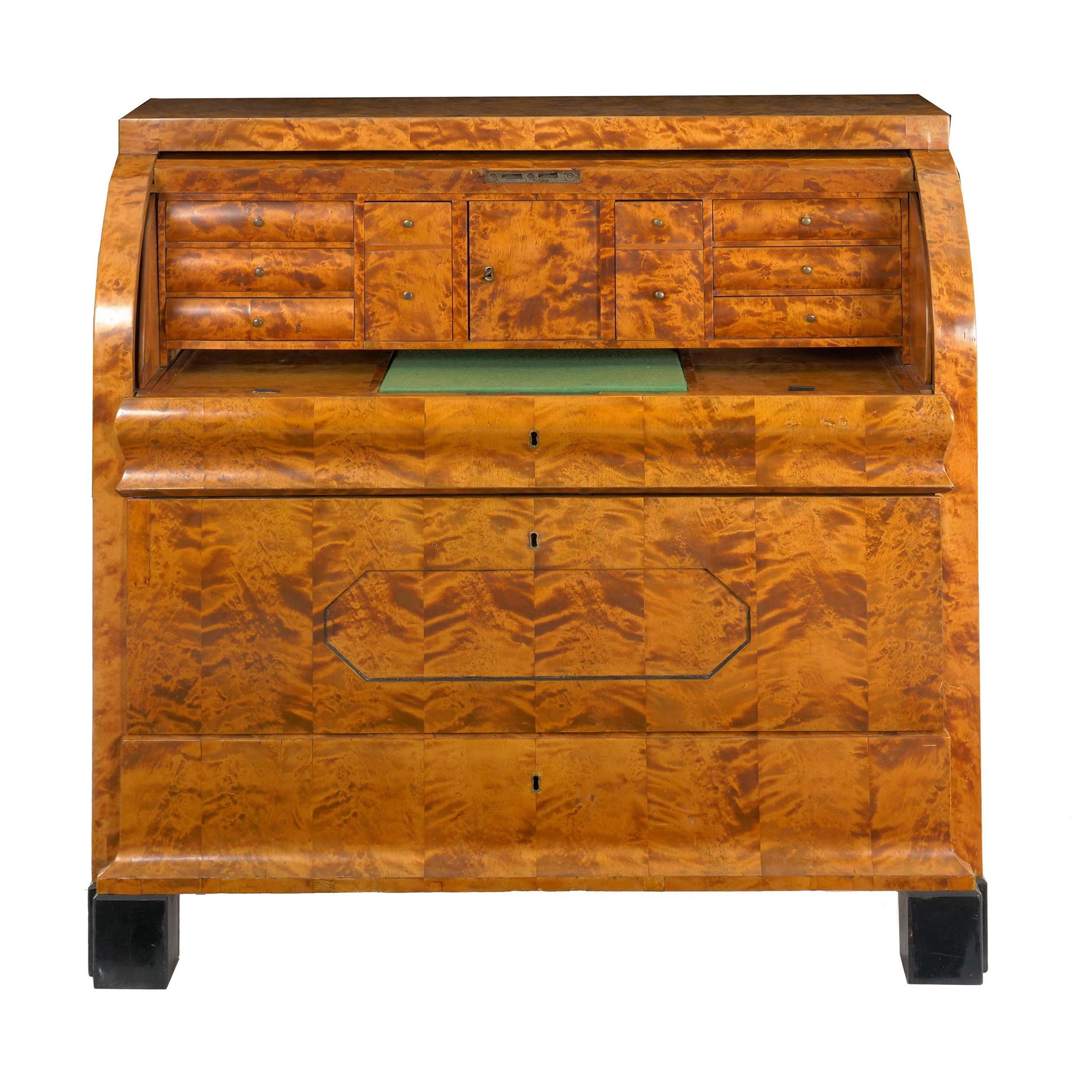 19th Century Austrian Biedermeier Figured-Maple Roll-Top Antique Writing Desk circa 1830-1850