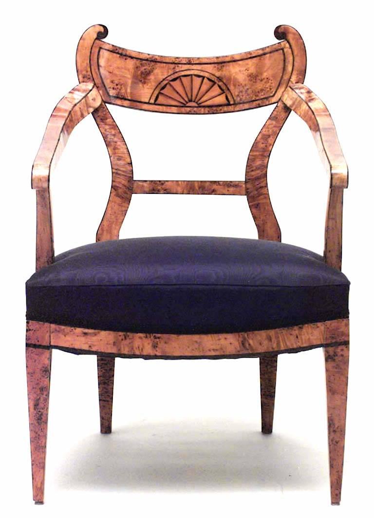 Austrian Biedermeier Karelian birch arm chair with ebonized & mahogany inlaid trim on back with scroll design finial. (Circa 1825)

