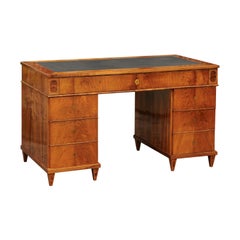 Antique Austrian Biedermeier Period 1825 Walnut Kneehole Desk with Leather Inset