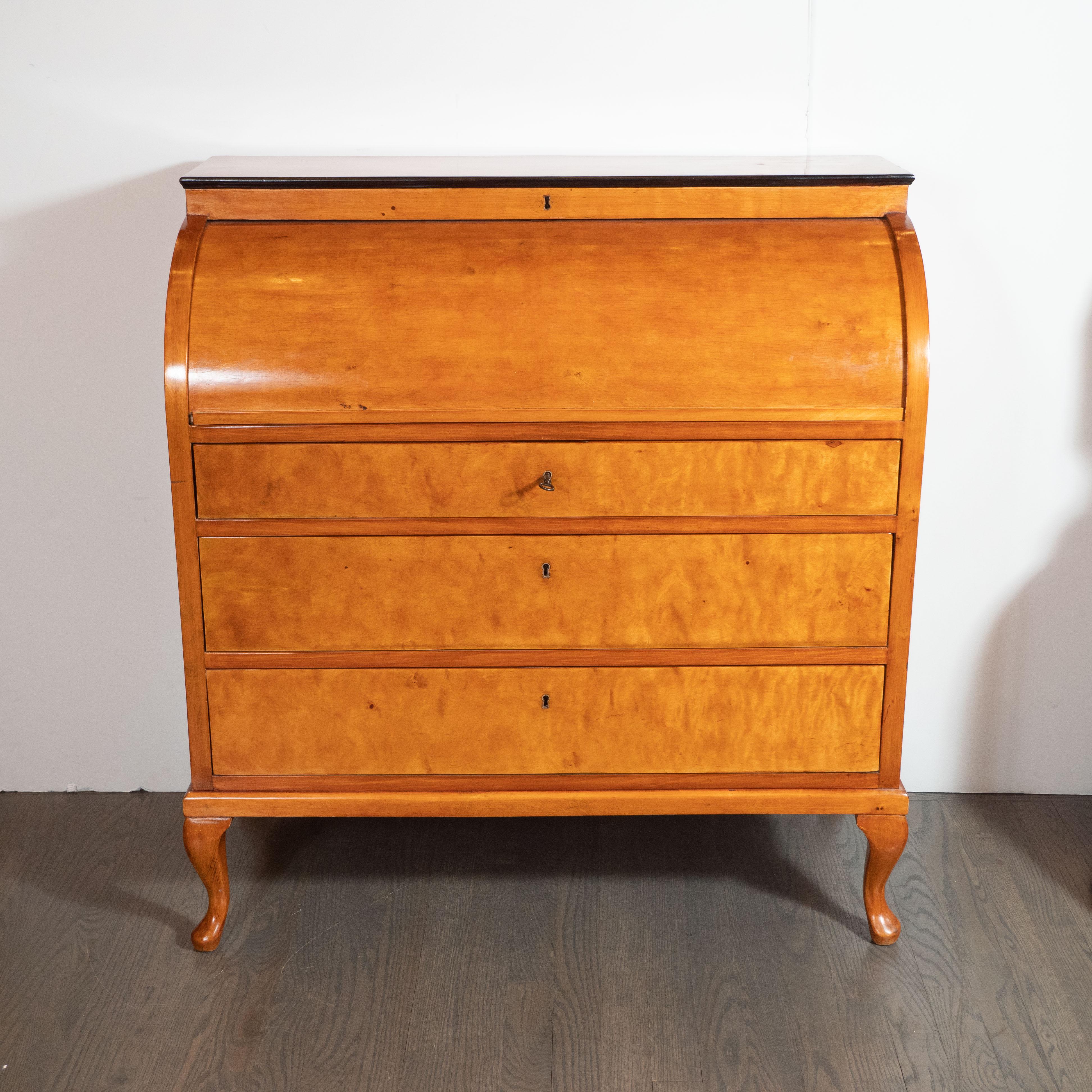 Austrian Biedermeier Roll Top Desk in Bird's-Eye Maple with Cabriolet Feet In Good Condition In New York, NY