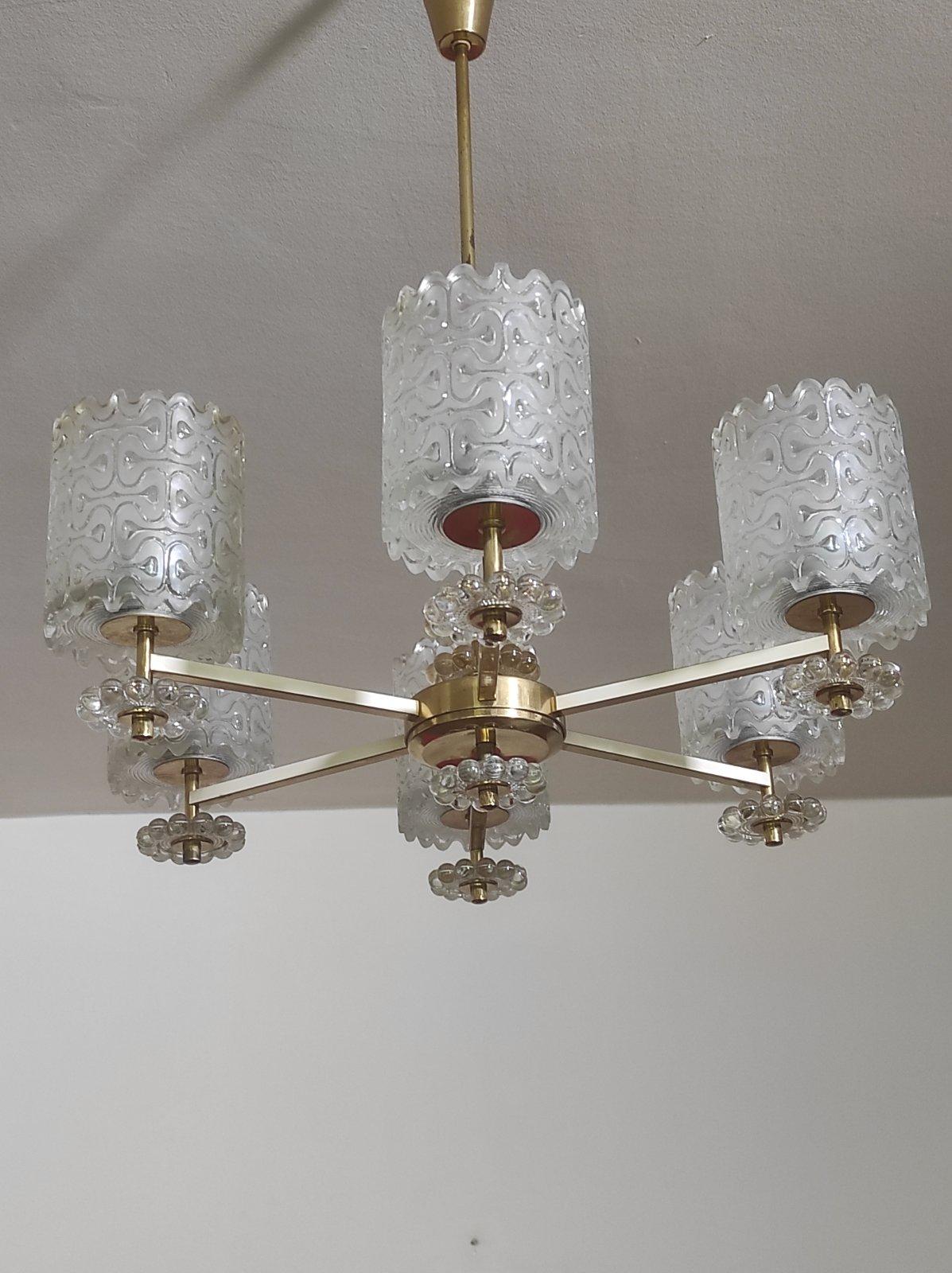 Austrian Six Legss Brass and Glass Chandelier 1960s