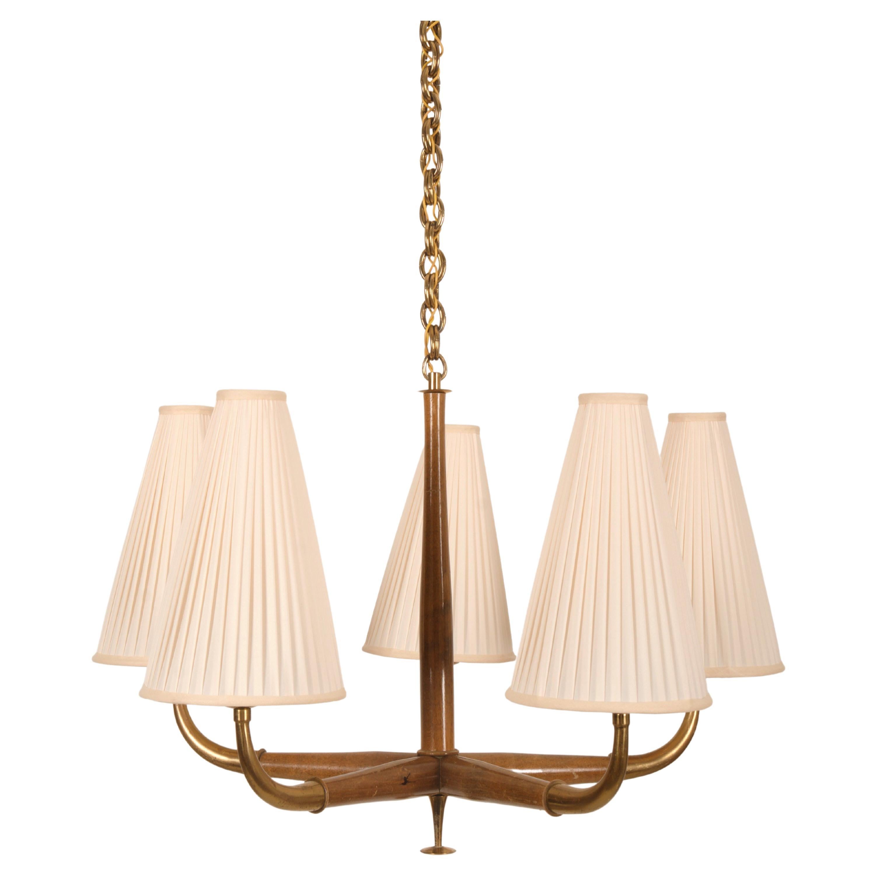 Austrian Brass and Walnut Midcentury Chandelier by Oswald Haerdtl for Kalmar