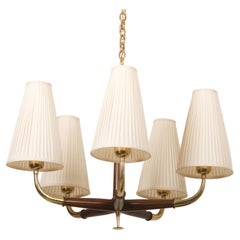 Austrian Brass and Walnut Midcentury Chandelier by Oswald Haerdtl for Kalmar
