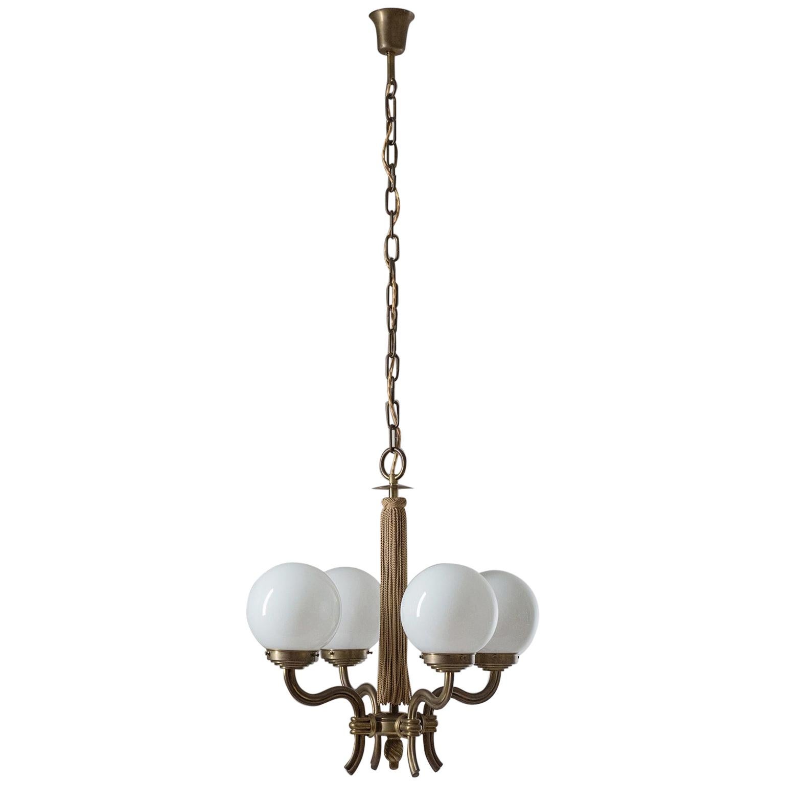 1930s Brass and Porcelain Delft Blue Chandelier, Double Headed Eagle