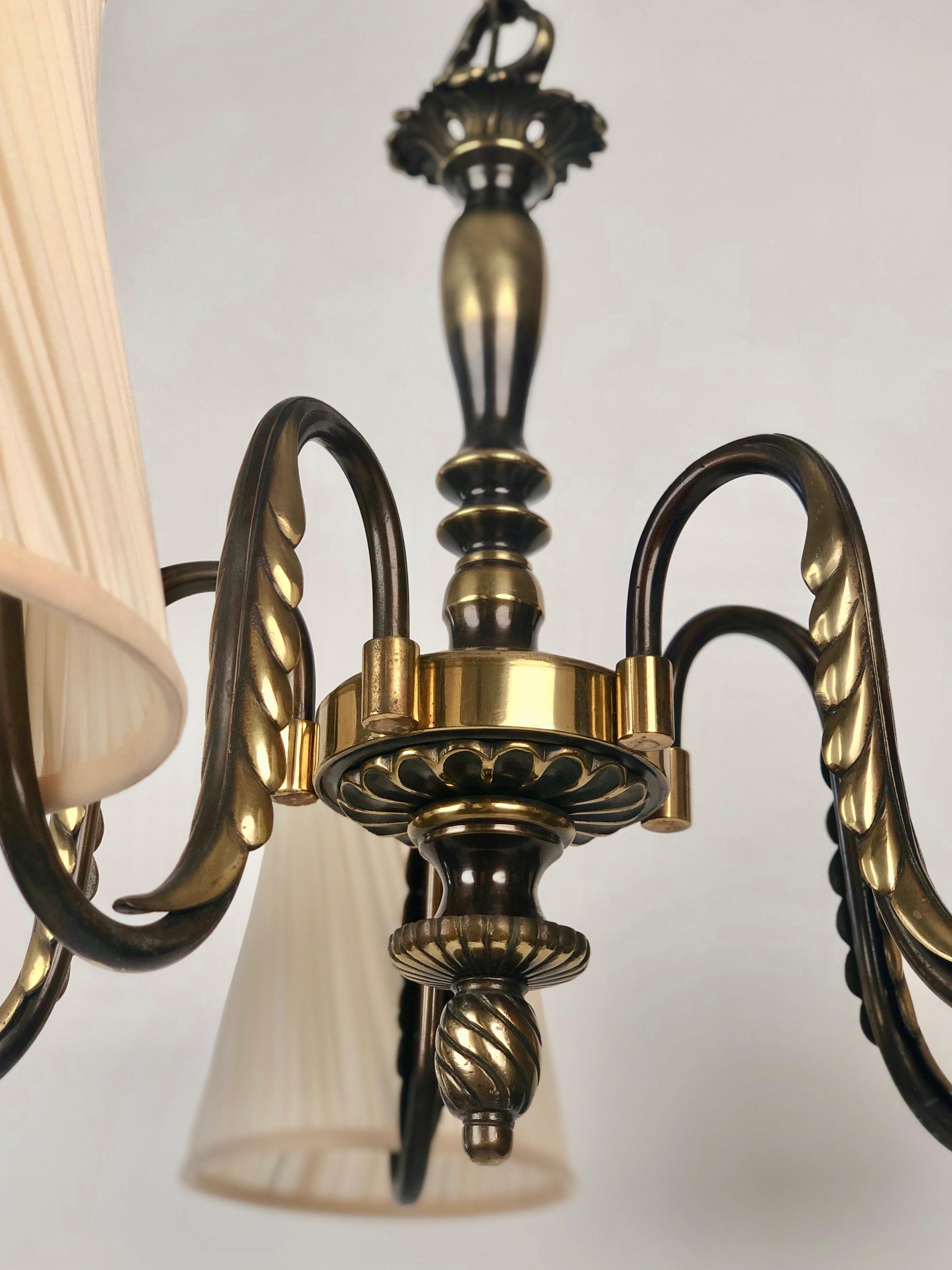 Modern Austrian Brass Chandelier with five Silk Shades from 1930´s by J.T. Kalmár  For Sale