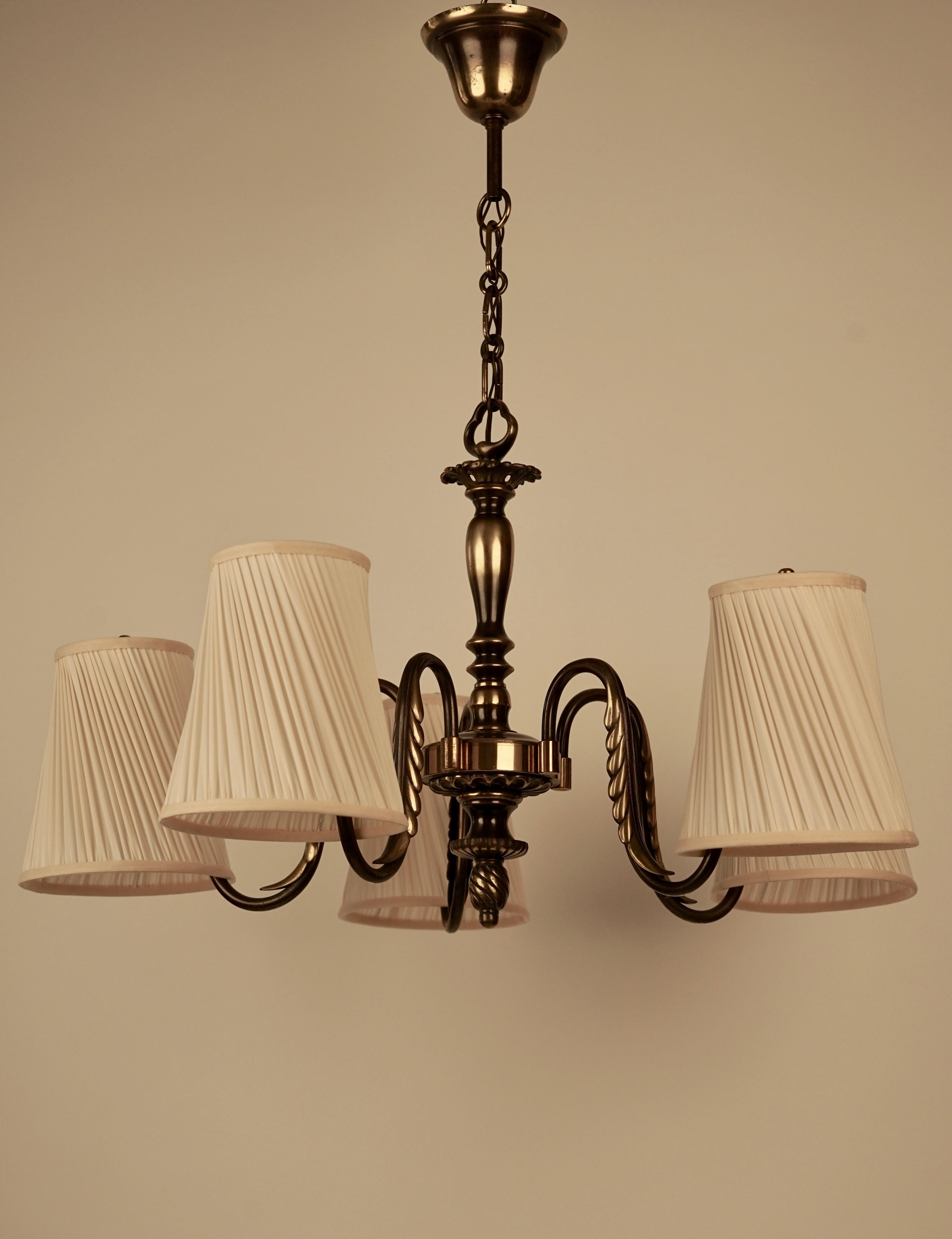 Bronze Austrian Brass Chandelier with five Silk Shades from 1930´s by J.T. Kalmár  For Sale
