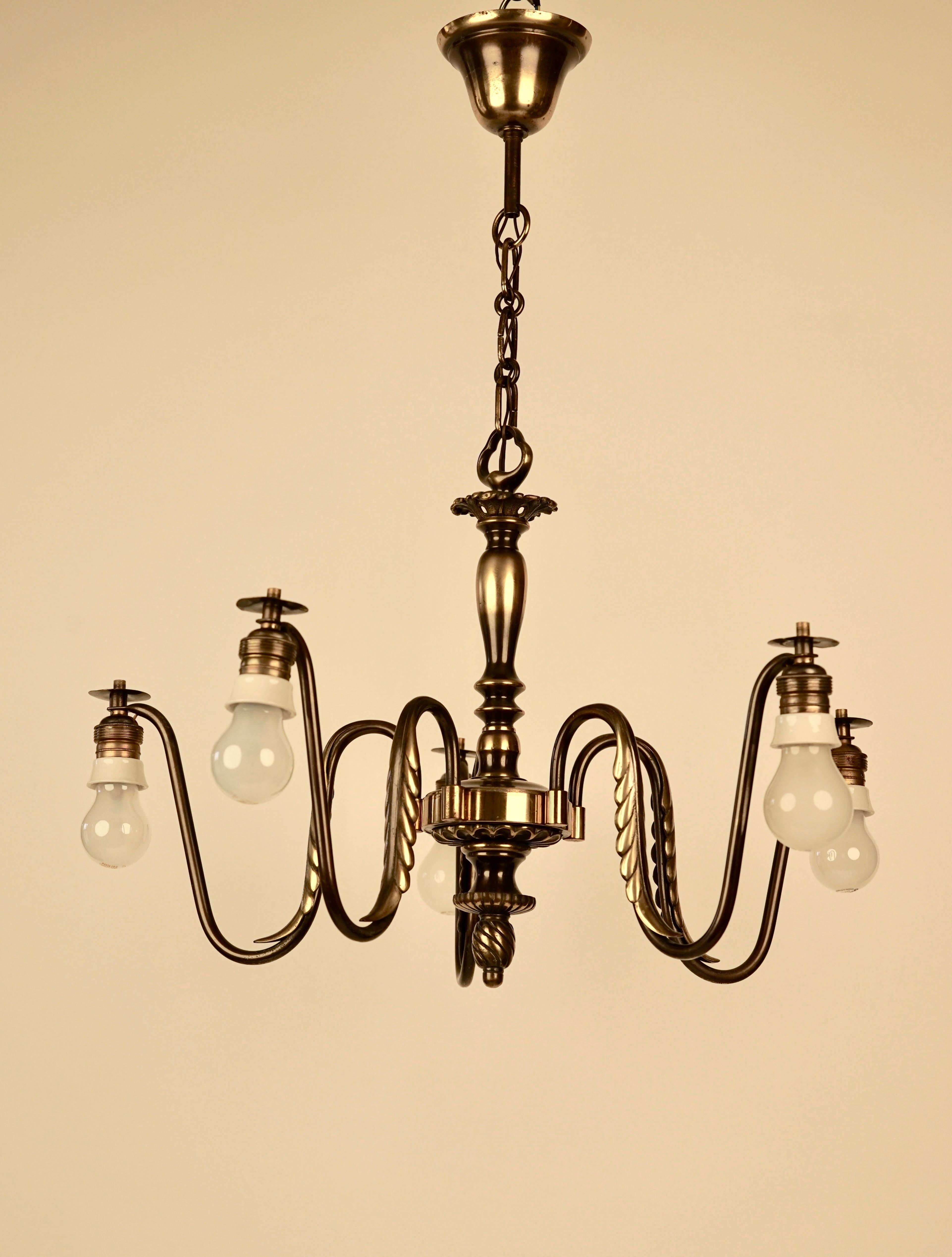 Austrian Brass Chandelier with five Silk Shades from 1930´s by J.T. Kalmár  For Sale 1