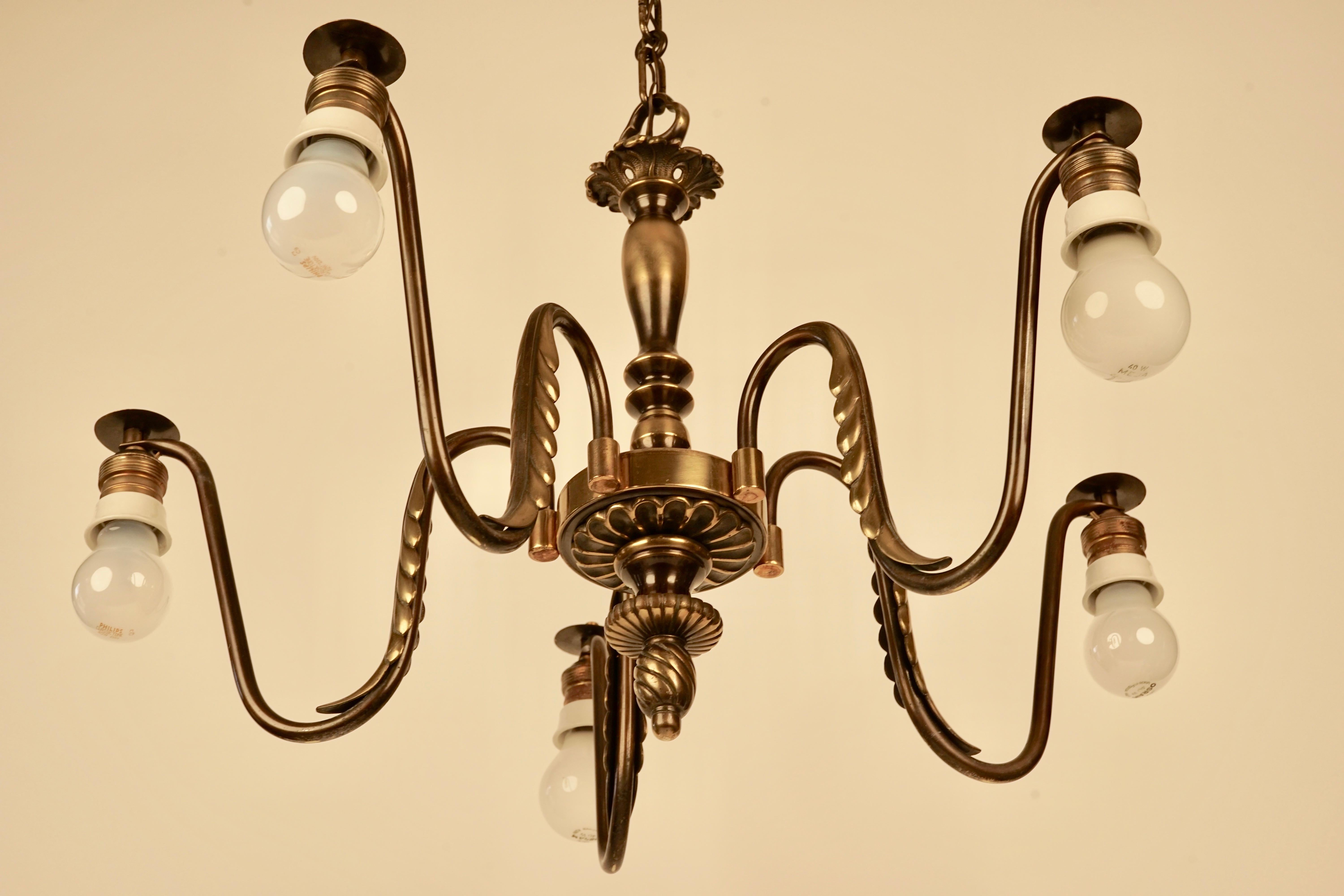 Austrian Brass Chandelier with five Silk Shades from 1930´s by J.T. Kalmár  For Sale 2