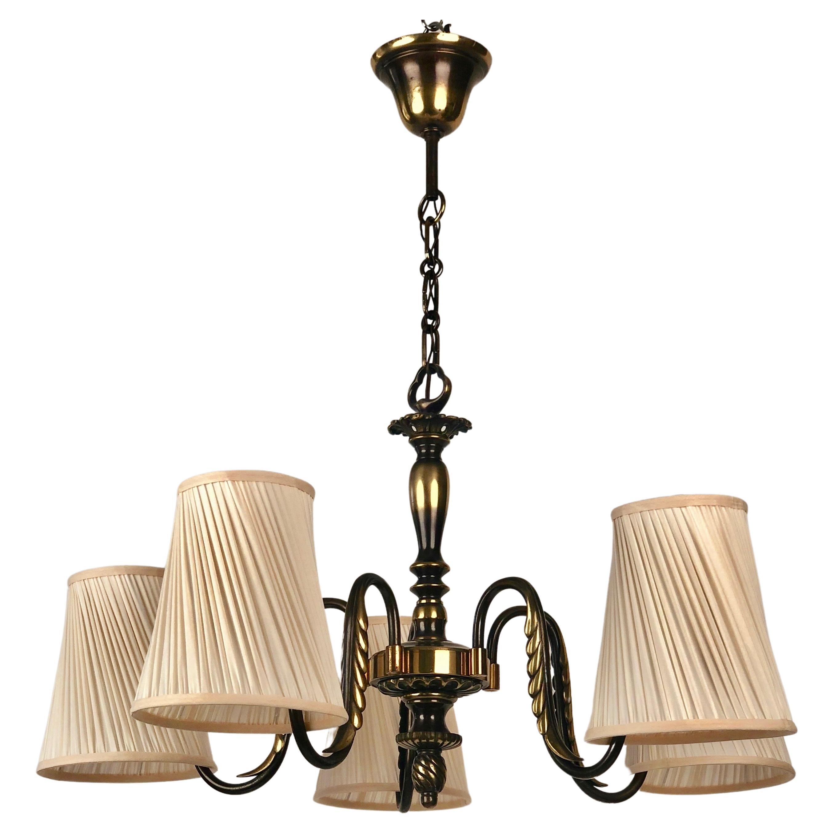 Austrian Brass Chandelier with five Silk Shades from 1930´s by J.T. Kalmár  For Sale