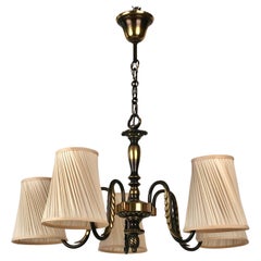 Austrian Brass Chandelier with five Silk Shades from 1930´s by J.T. Kalmár 