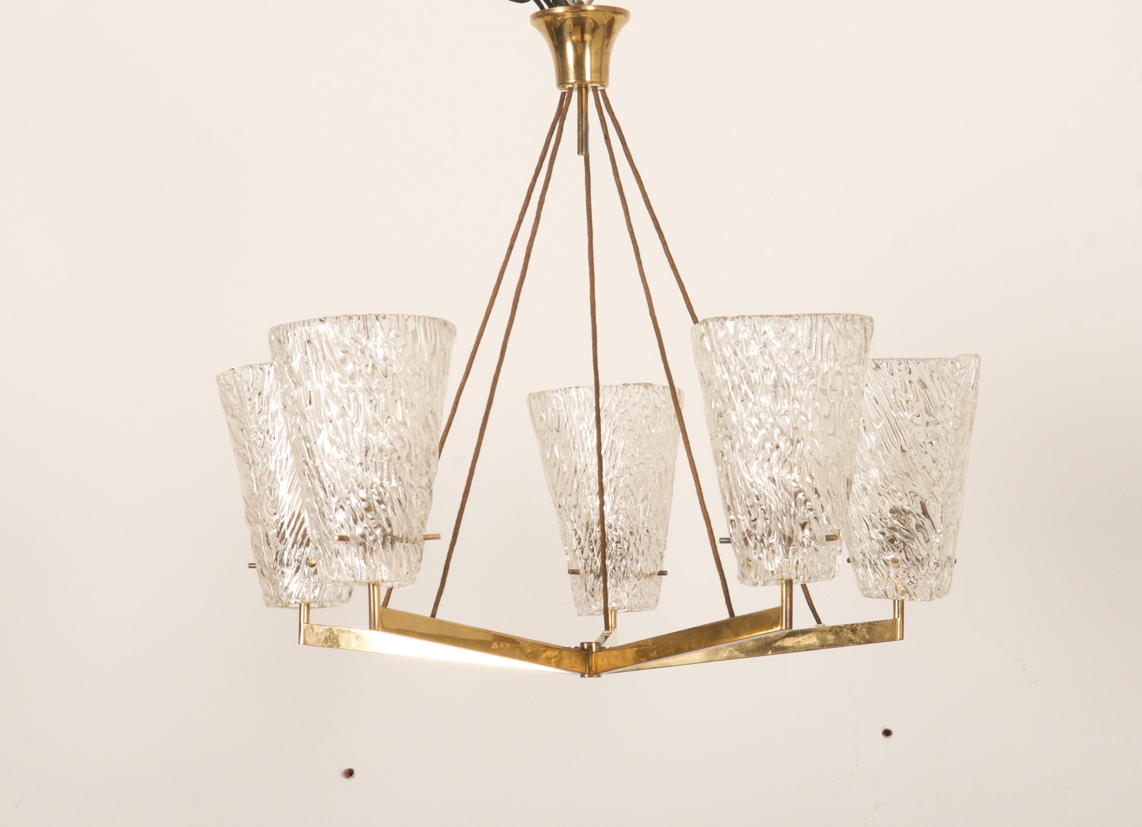 Austrian Brass Chandelier with Textured Glass by J. T. Kalmar For Sale 5