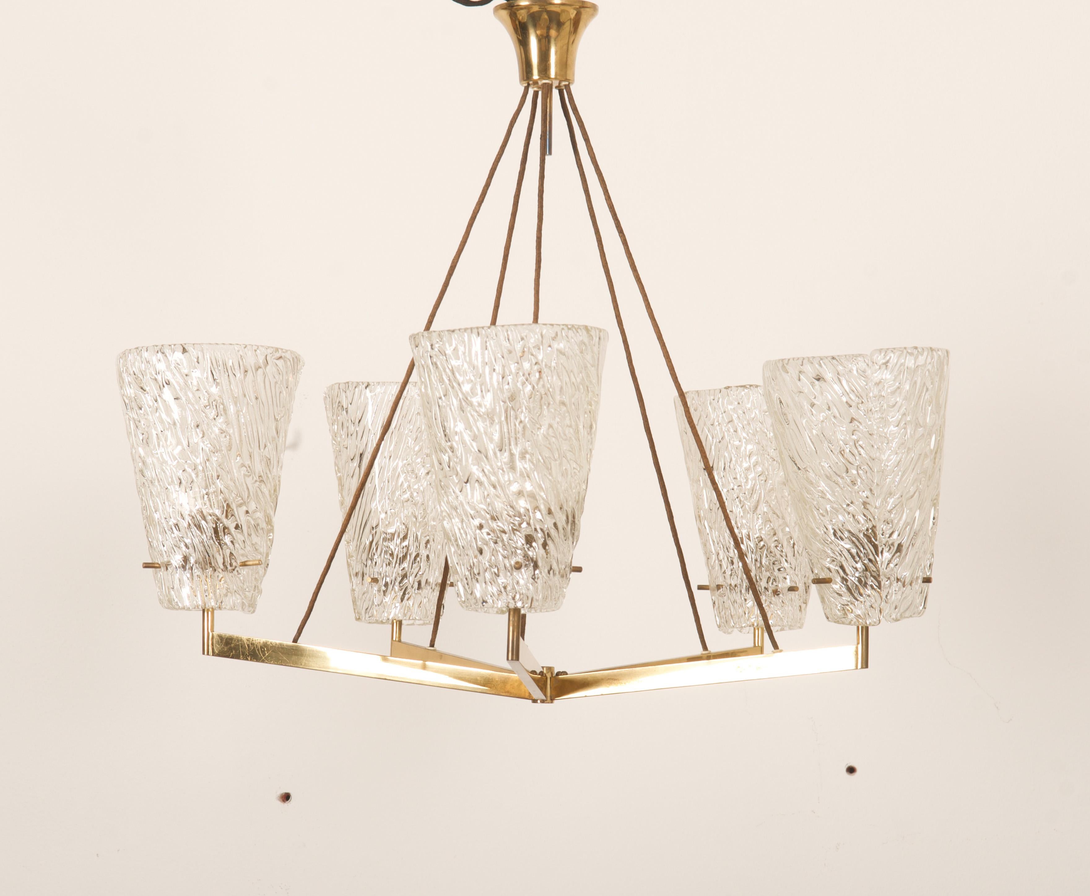 Austrian Brass Chandelier with Textured Glass by J. T. Kalmar For Sale 6