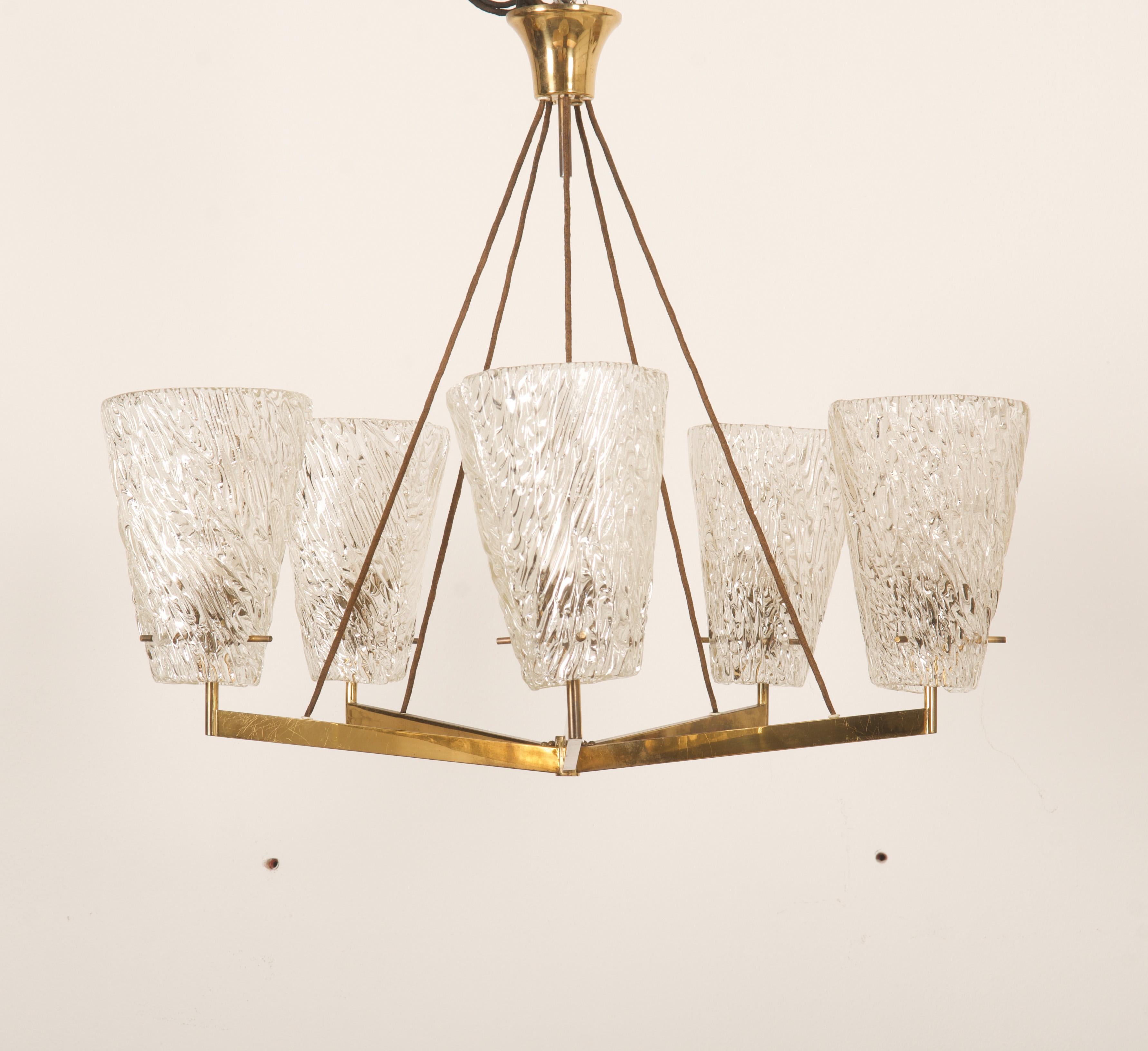 Austrian Brass Chandelier with Textured Glass by J. T. Kalmar For Sale 7